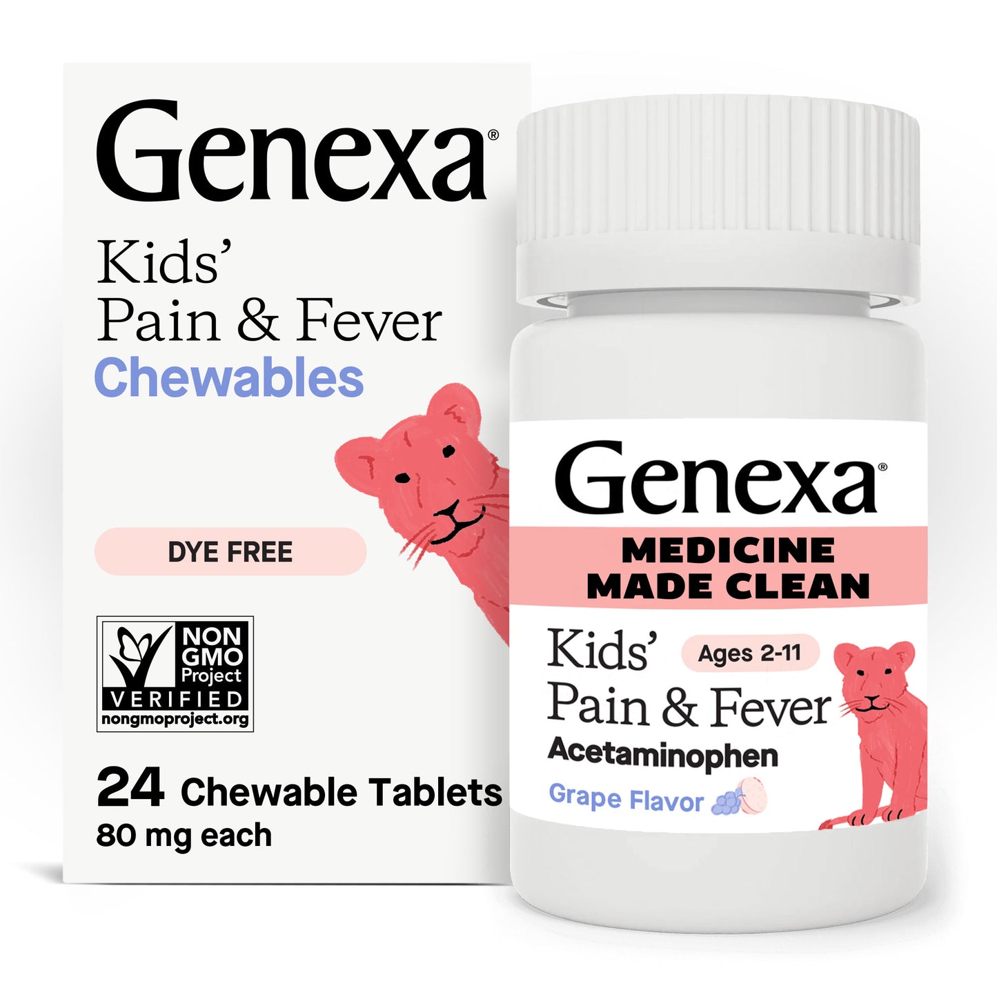 Genexa Kids' Pain & Fever Chewables packaging with a white background