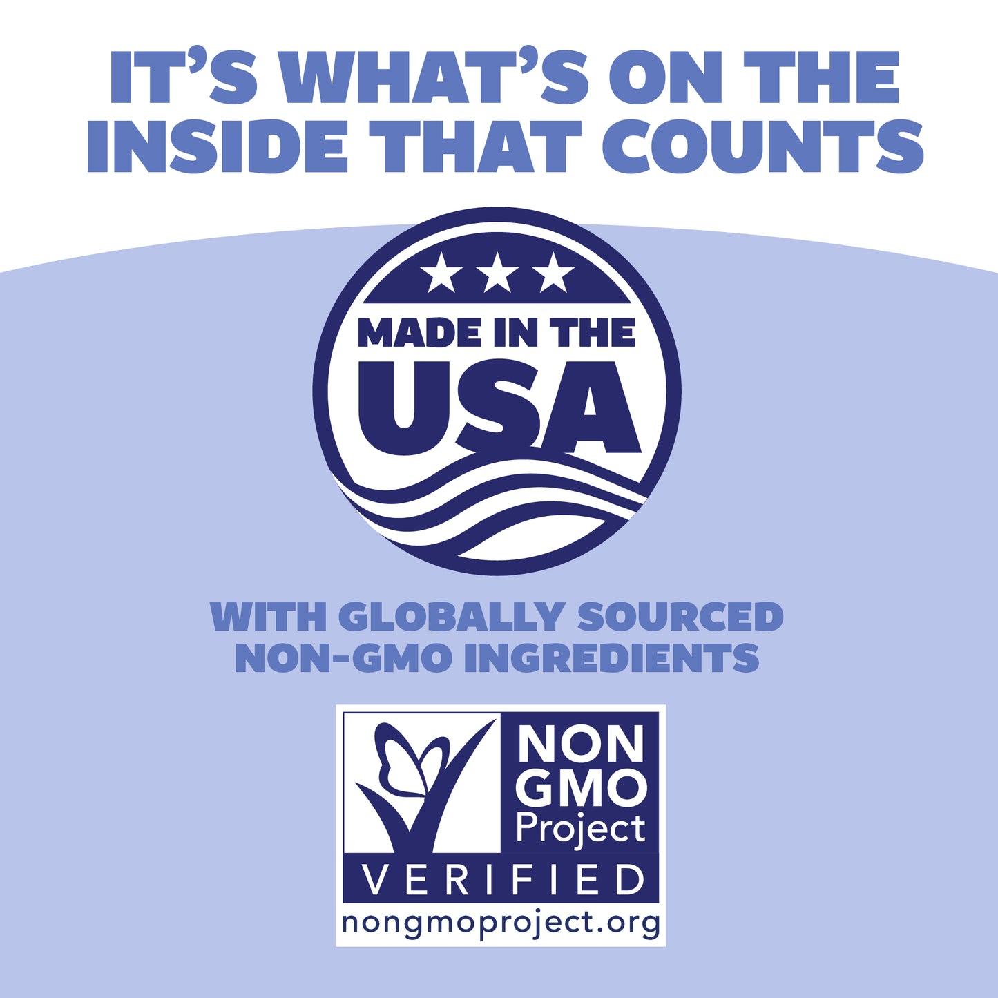 Logo with 'Made in the USA' and 'Non GMO Project Verified' on a light blue background