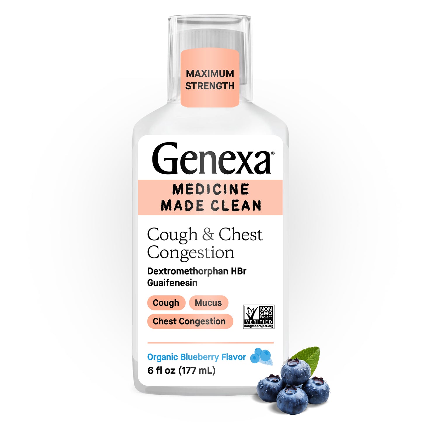 Genexa Maximum Strength Cough & Chest Congestion relief bottle with blueberries on a white background