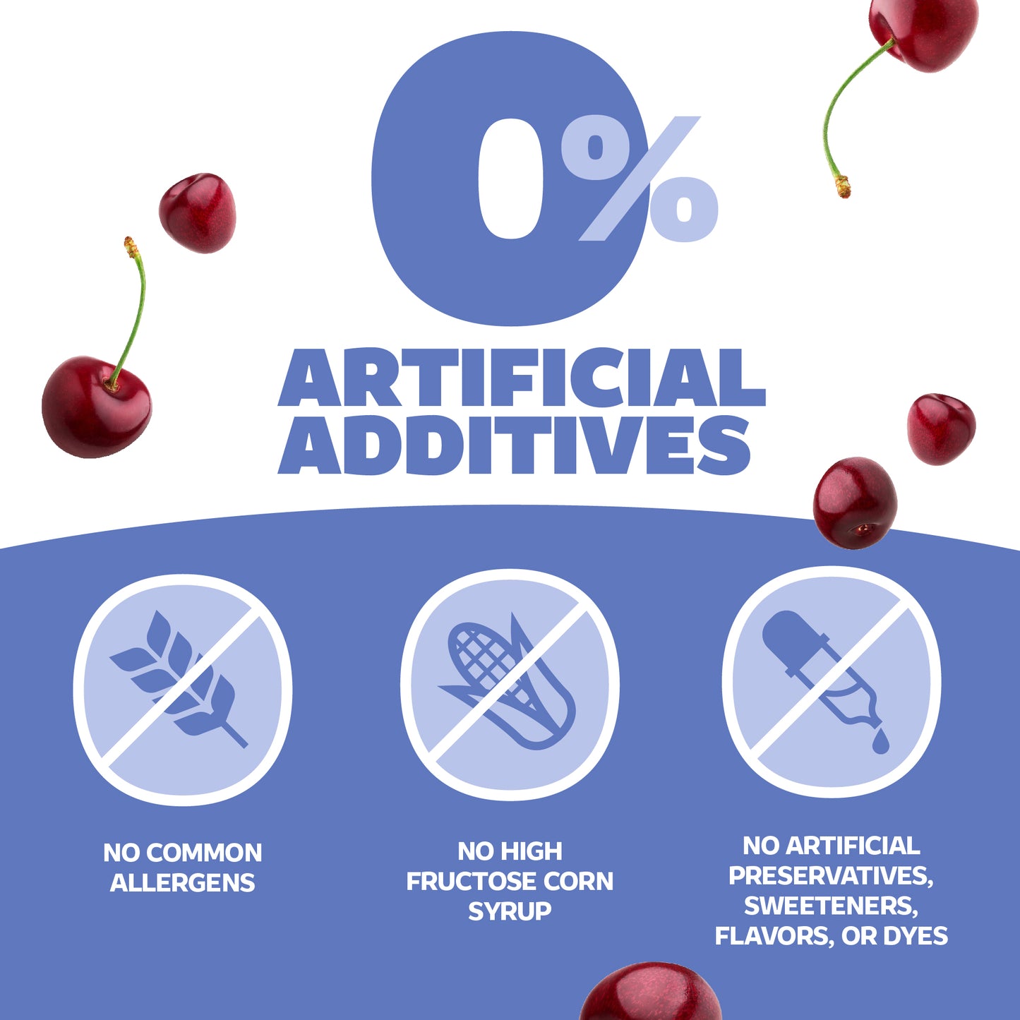 Product label with cherries and text about artificial additives on a blue and white background