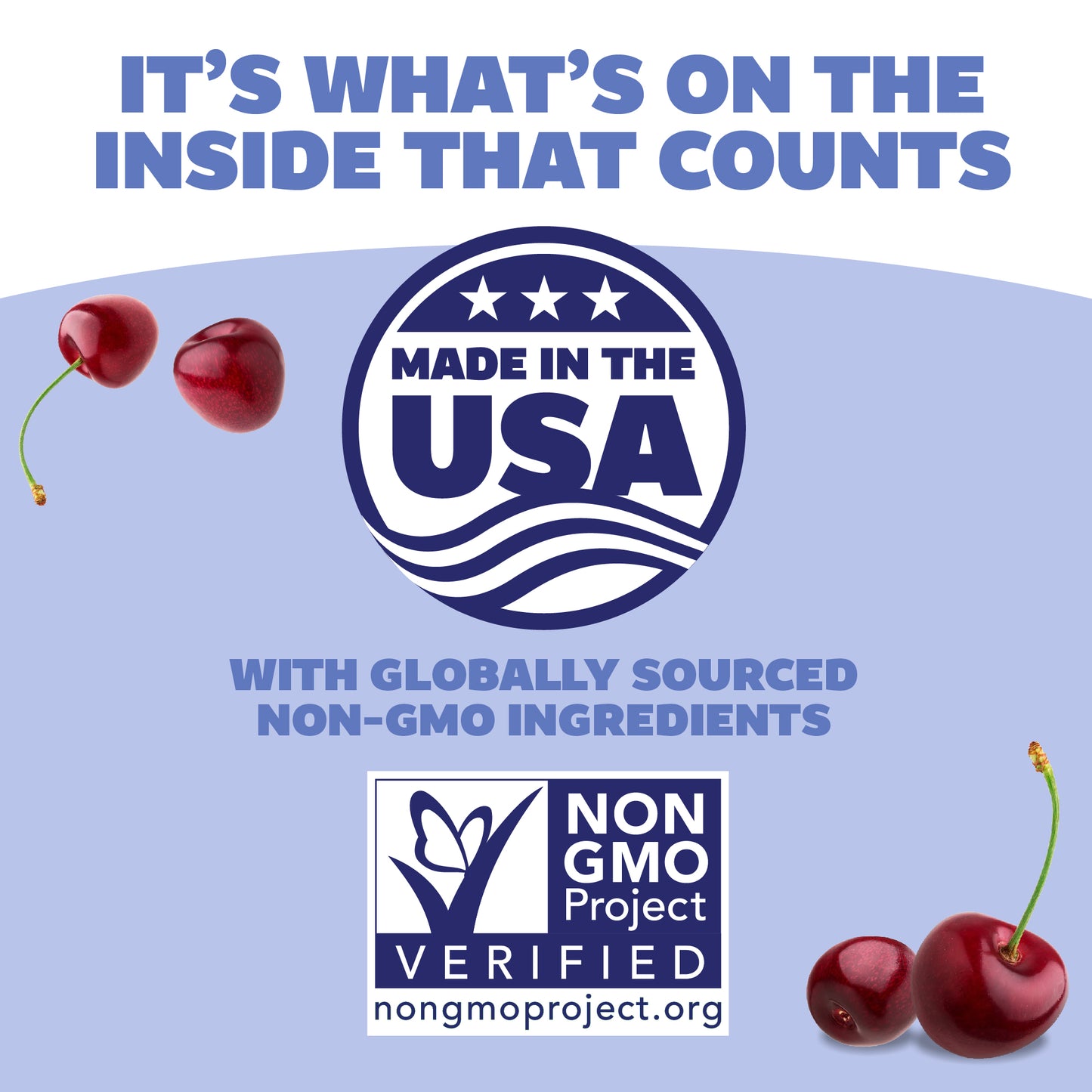 Product label with 'Made in the USA' and 'Non GMO Project Verified' logos, surrounded by cherries on a light blue background.