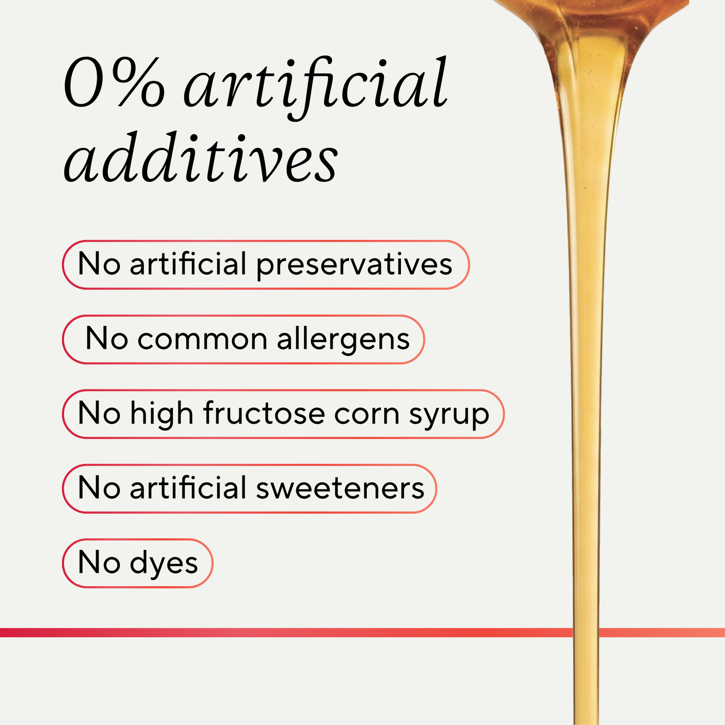 Promotional graphic with the text '0% artificial additives' and bullet points listing benefits like no artificial preservatives, no common allergens, no high fructose corn syrup, no artificial sweeteners, and no dyes. A thick stream of agave is shown on the right side against a light cream background.