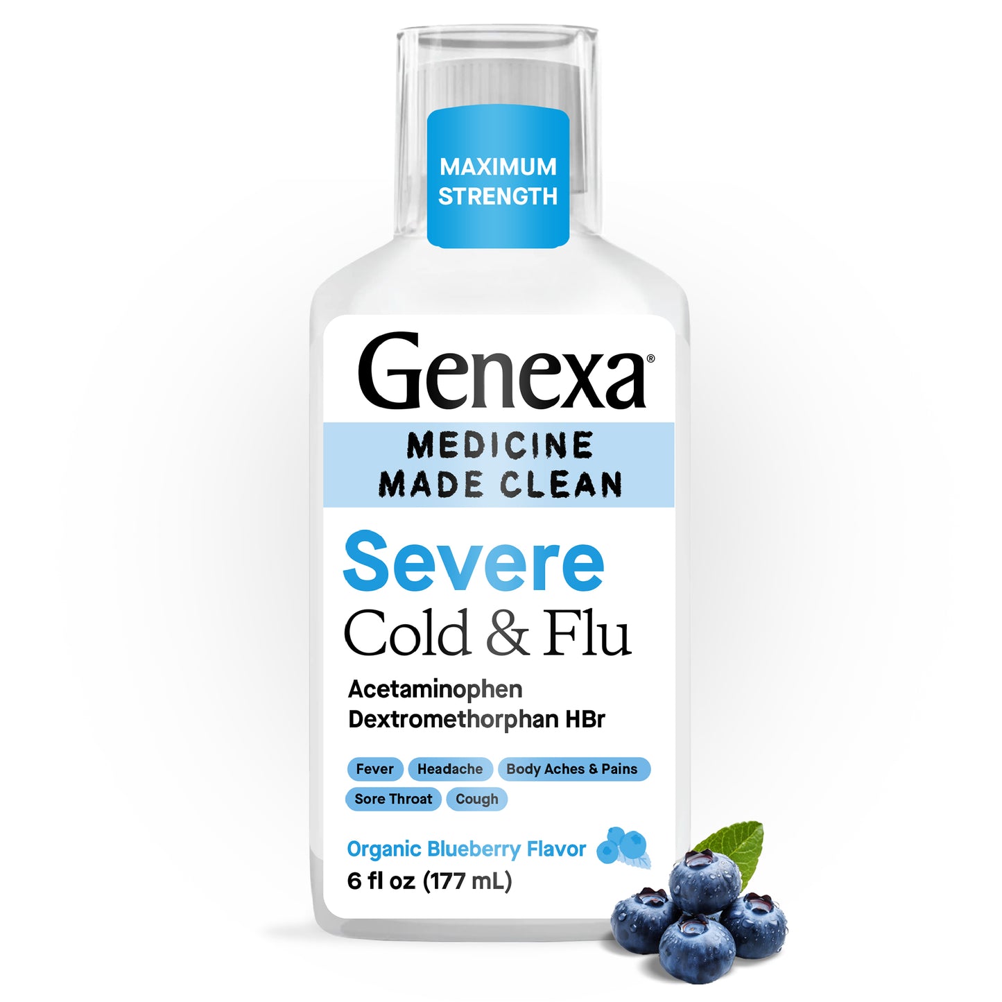 Genexa Severe Cold & Flu medicine bottle with blueberries on a white background