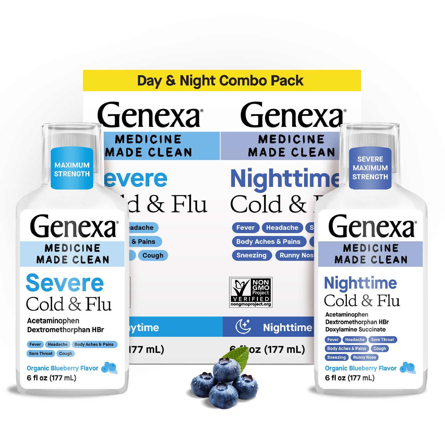 Genexa Cold & Flu medicine packaging with bottles labeled 'Severe Cold & Flu' and 'Nighttime Cold & Flu'.