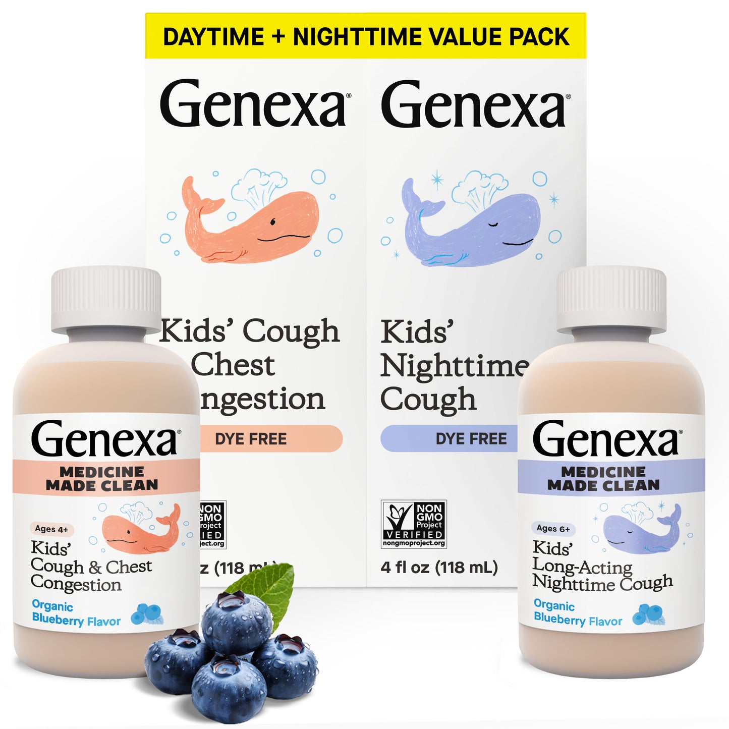 Genexa kids' cough and congestion medicine bottles with packaging on a white background