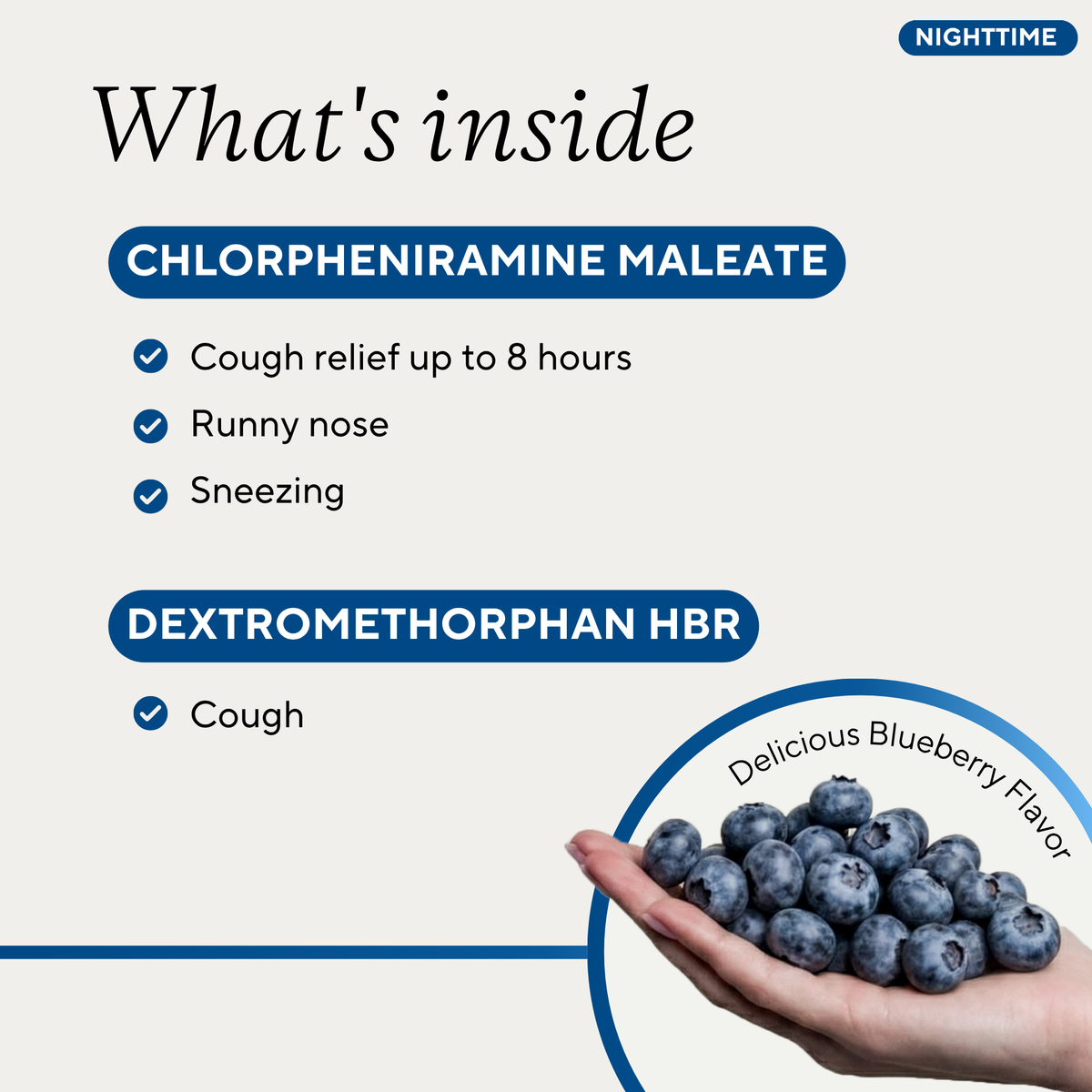 A product information graphic for a nighttime cough medicine. The graphic features a light beige background with text detailing the ingredients: Chlorpheniramine Maleate (cough relief up to 8 hours, runny nose, sneezing) and Dextromethorphan HBR (cough).