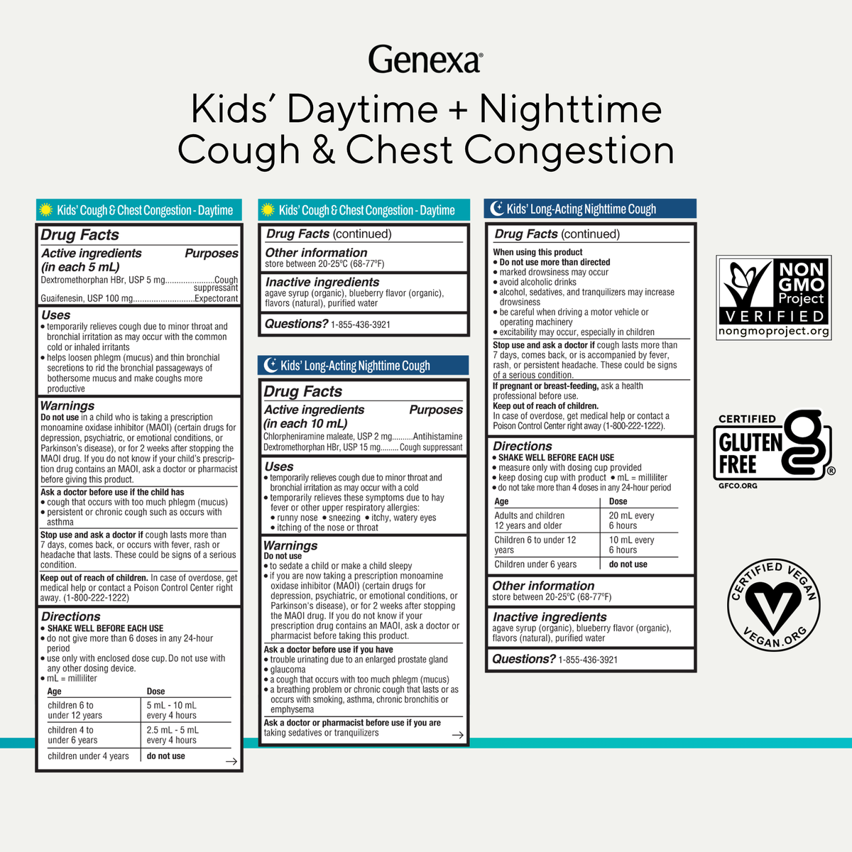 A printed informational card for Genexa Kids' Daytime + Nighttime Cough & Chest Congestion, showing three labeled panels with drug facts, drug facts continued, and directions, plus certification logos on a white background.
