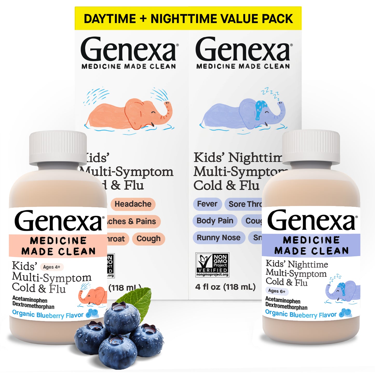 Genexa children's medicine packaging with bottles and boxes on a white background
