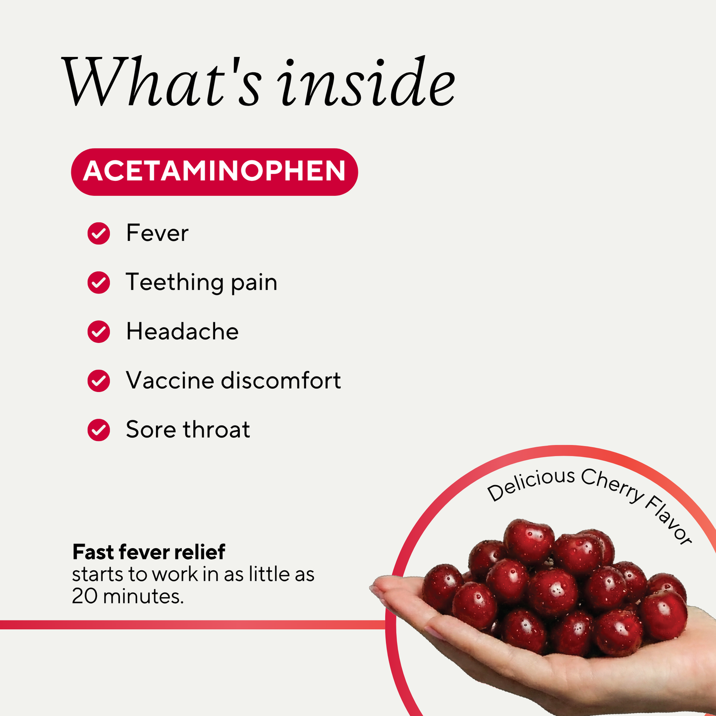 An informational graphic titled 'What's inside' showing the product's ingredients and benefits. It lists acetaminophen and its uses: fever, teething pain, headache, vaccine discomfort, and sore throat.