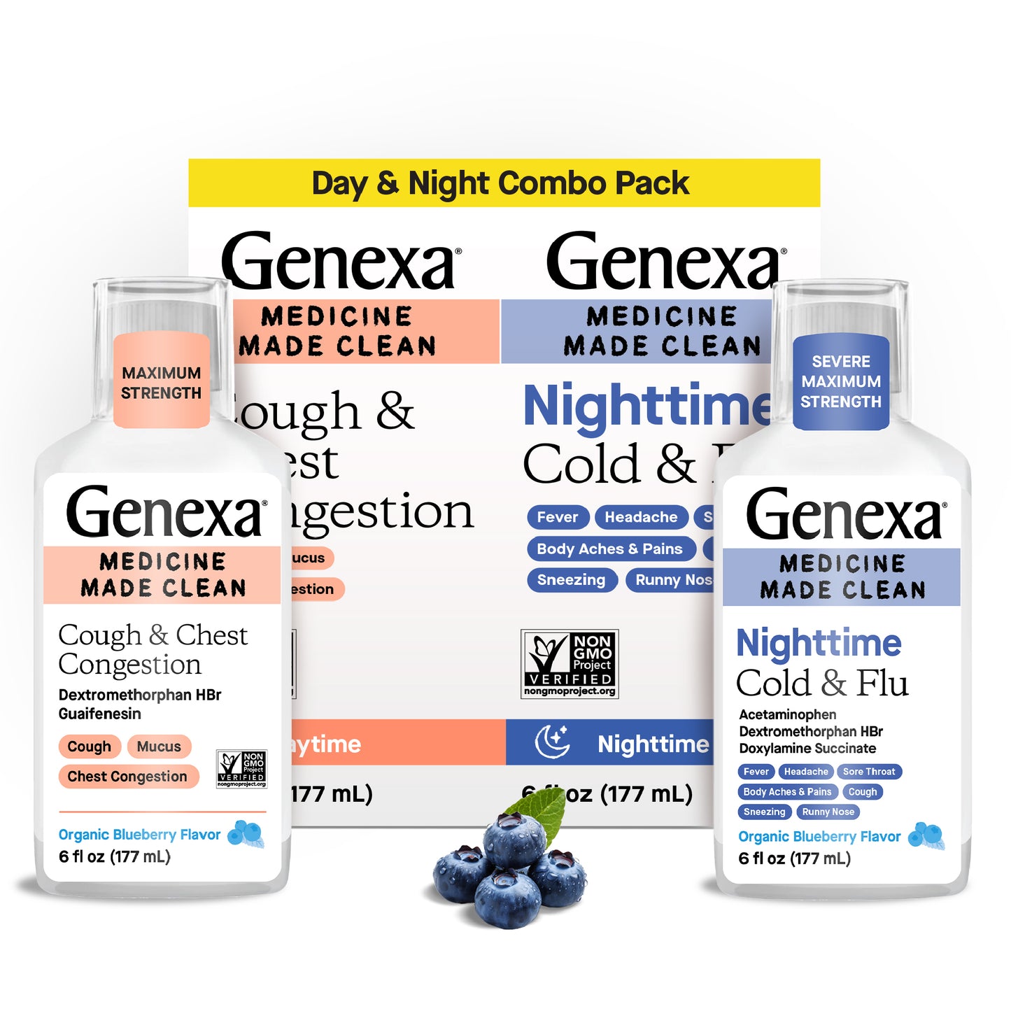 Genexa medicine packaging including Cough & Chest Congestion, Nighttime Cold & Flu, and Nighttime Cold & Flu bottles with blueberries on a white background.