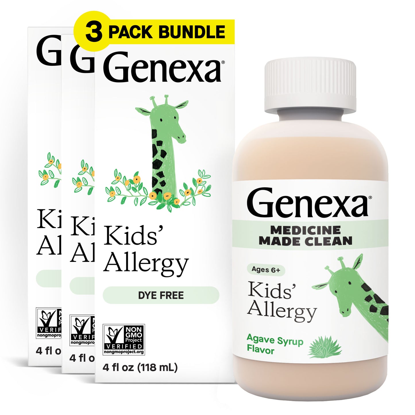 Genexa Kids' Allergy syrup bottle and packaging with a giraffe illustration on a white background