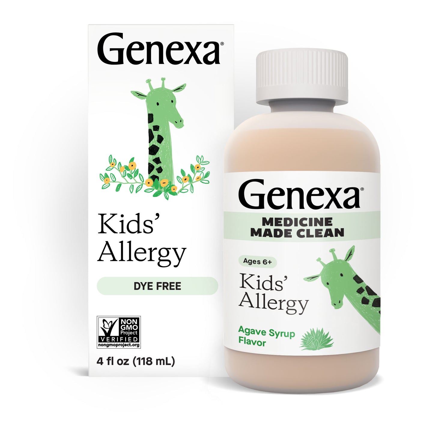 Genexa Kids' Allergy syrup bottle and packaging on a white background