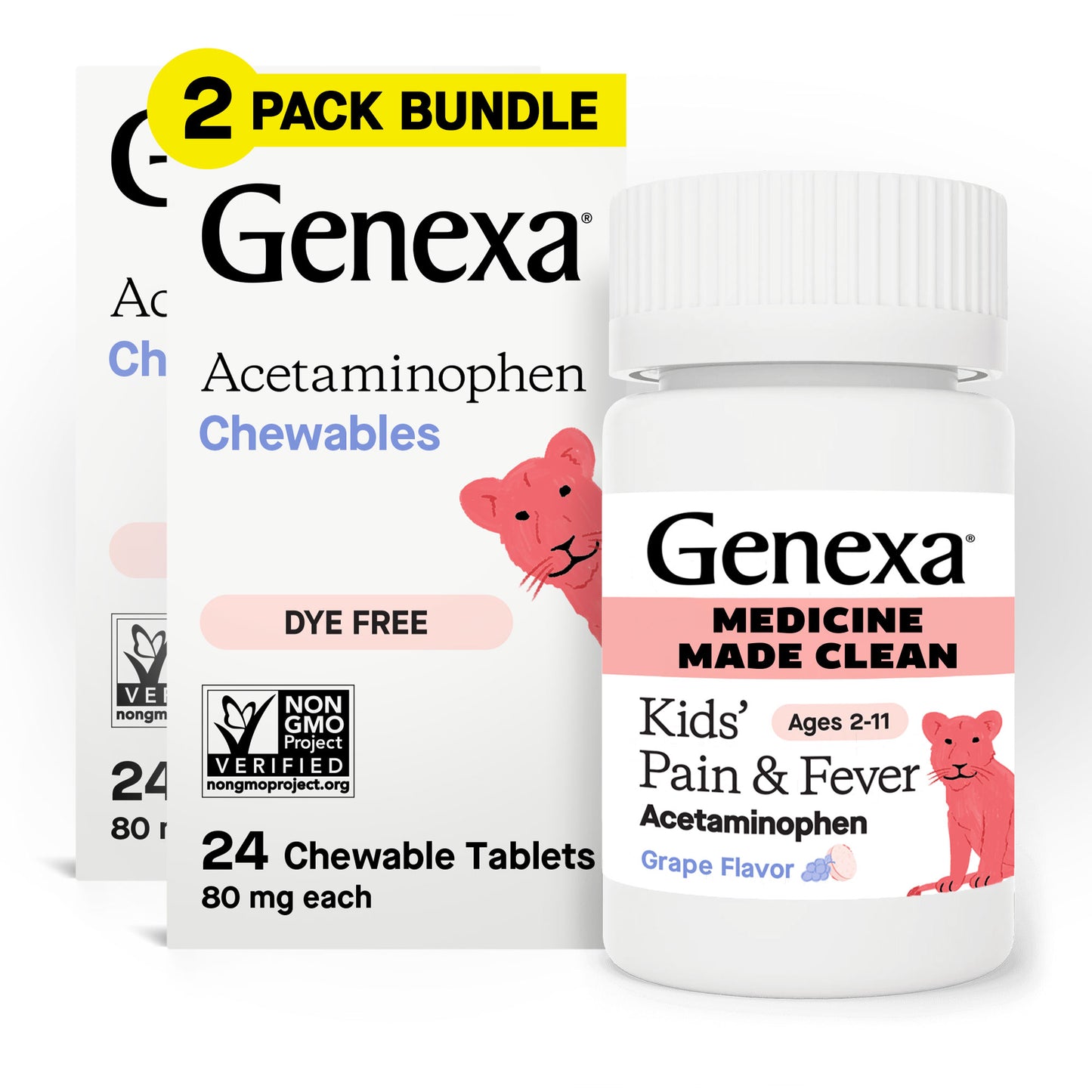 Genexa Kids' Pain & Fever Acetaminophen chewable tablets packaging on a white background