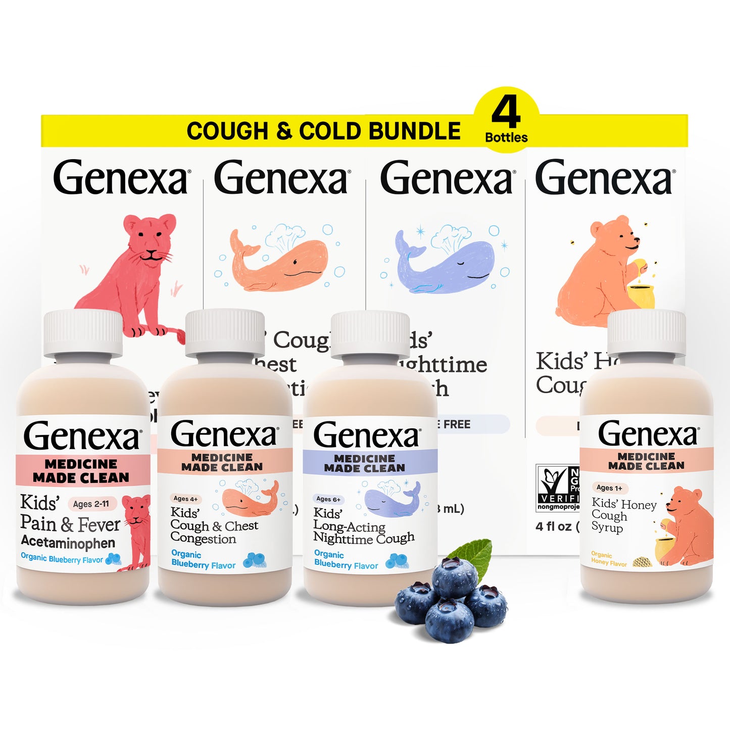 Genexa cough and cold bundle with four bottles on a white background