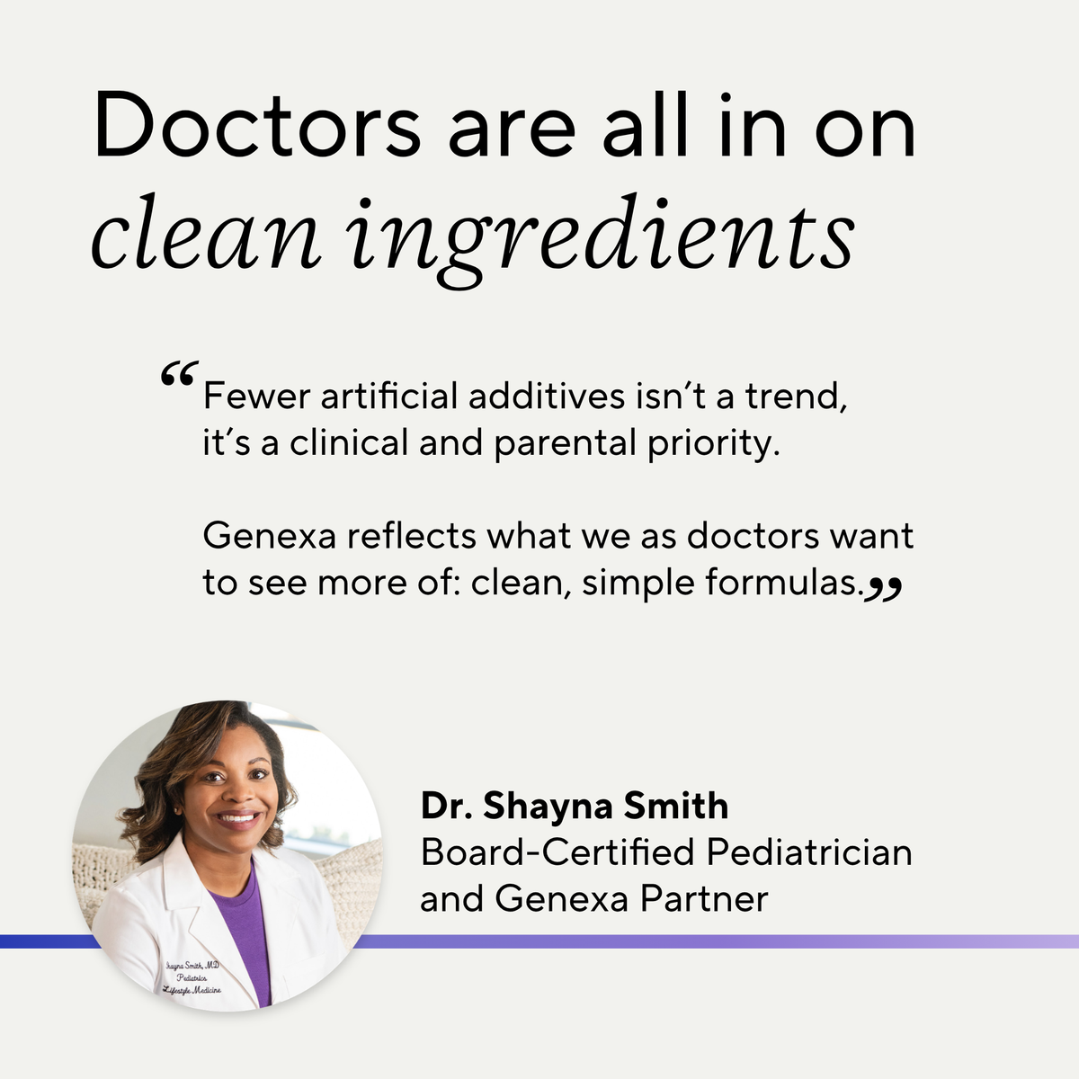 A promotional graphic with the headline 'Doctors are all in on clean ingredients' and a quote about cleaner formulas. A circular photo of Dr.
