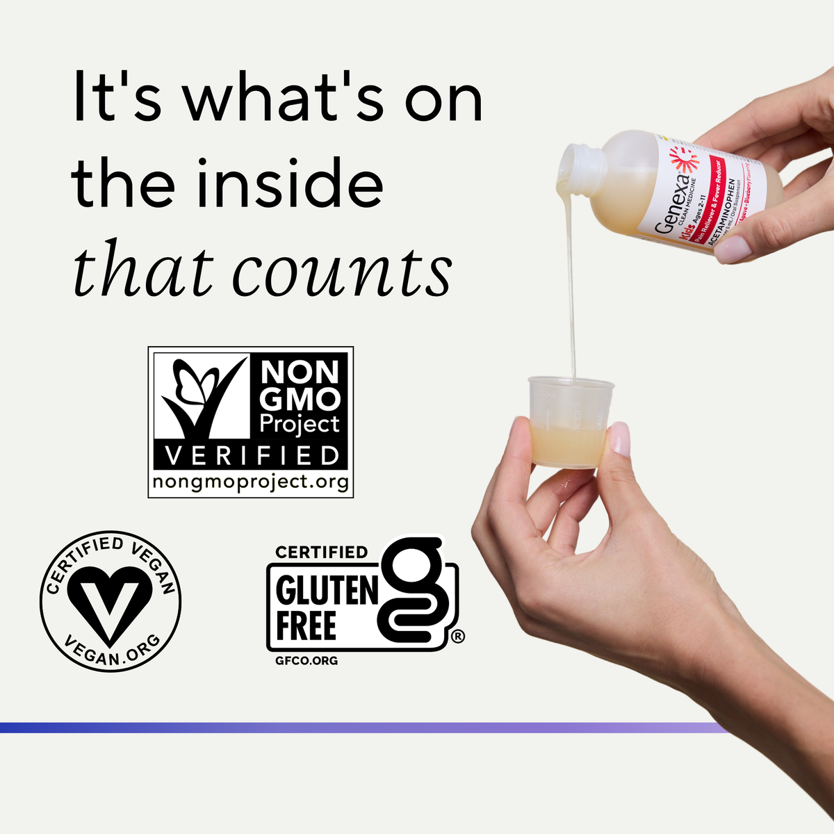 A hand holds a small dosing cup while another hand pours a pale yellow liquid from a white bottle labeled 'Genexa' into the cup. Large text reads 'It's what's on the inside that counts' with Non GMO Project Verified and Certified Vegan logos below.