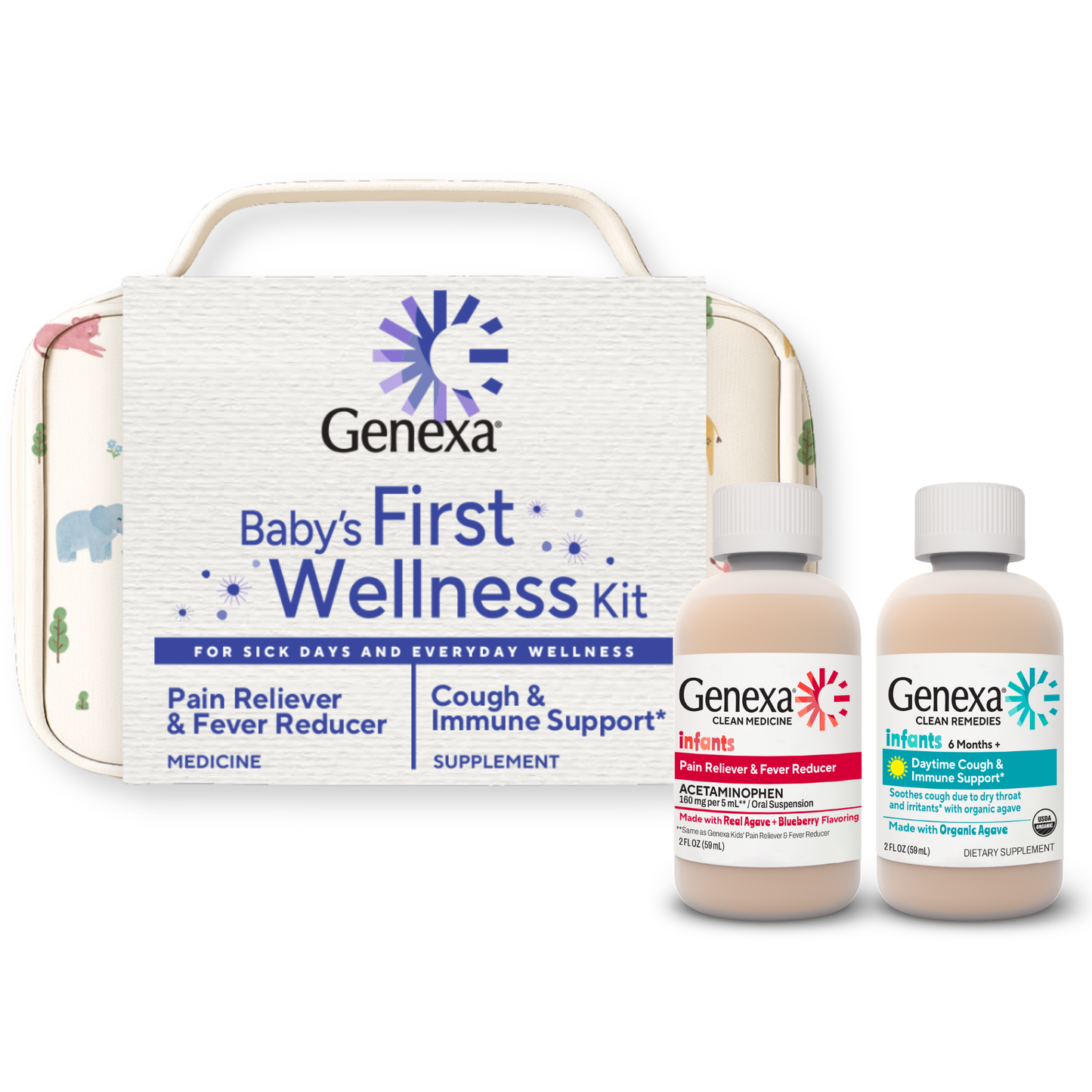 Genexa Baby's First Wellness Kit featuring a cream-colored carrying case with a floral print, alongside two supplement bottles: Genexa Infants Pain Reliever & Fever Reducer and Genexa Infants Cough & Immune Support.