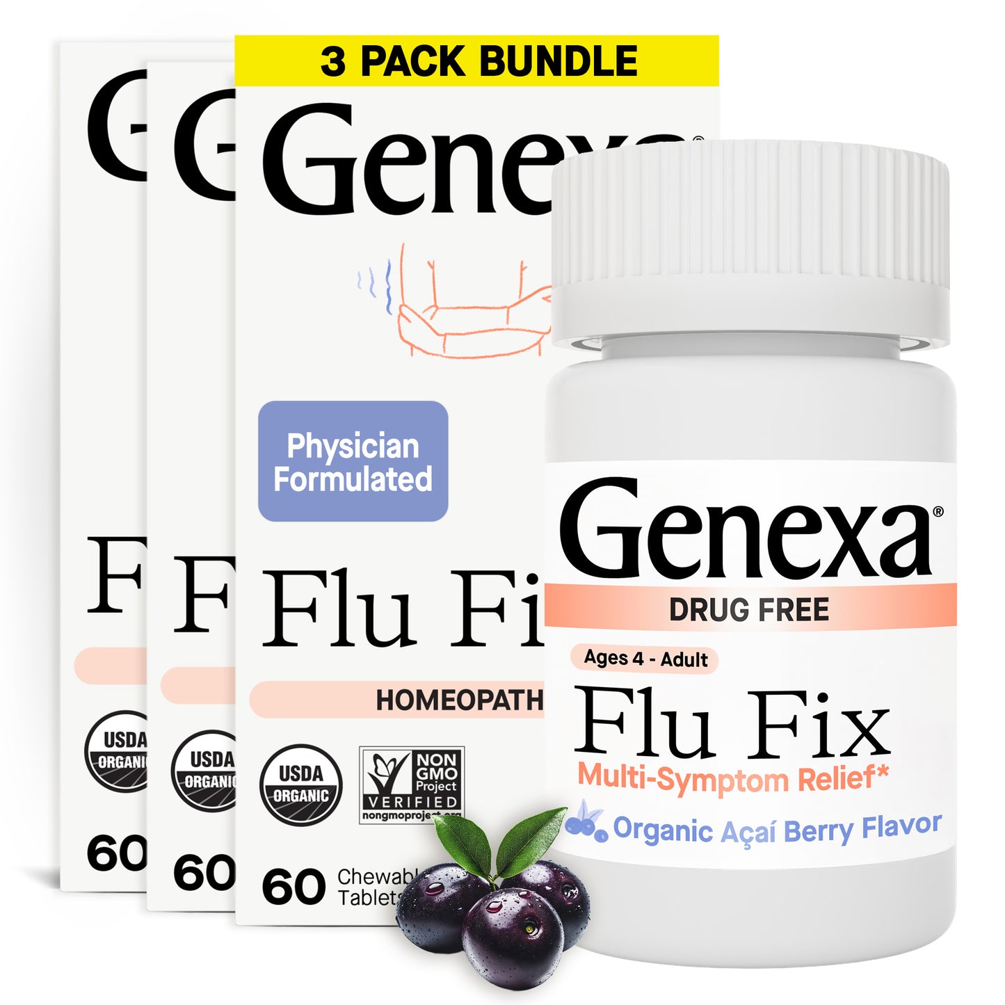 Genexa Flu Fix supplement bottle with packaging on a white background