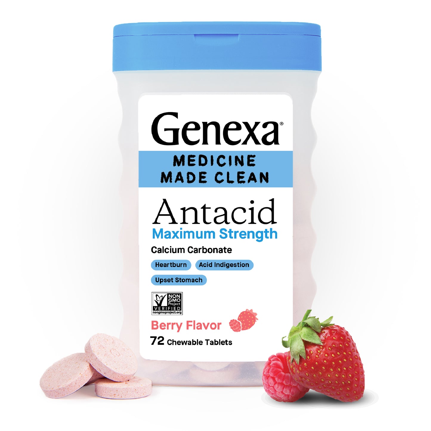Genexa Antacid Maximum Strength container with pink chewable tablets and a strawberry on a white background