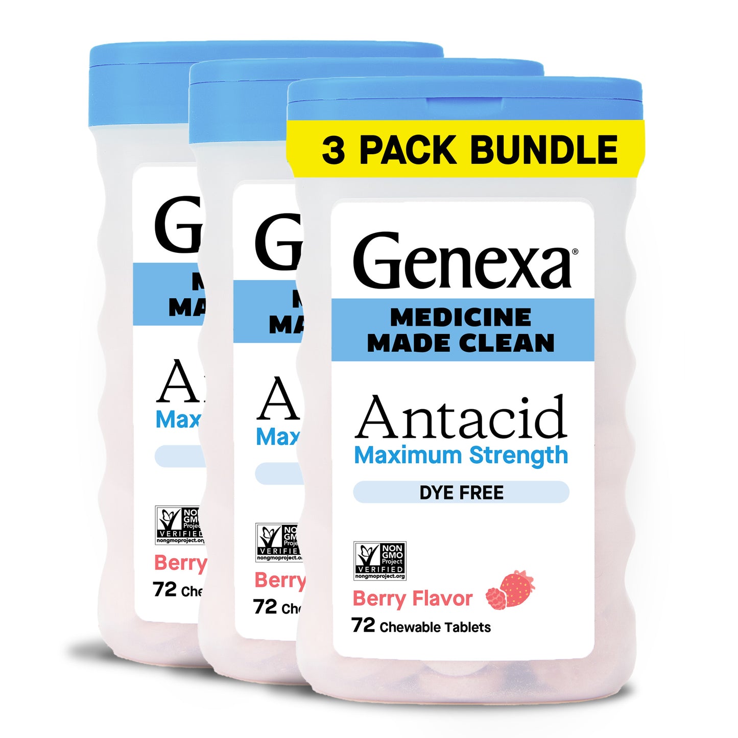 Three-pack bundle of Genexa Antacid Maximum Strength chewable tablets on a white background