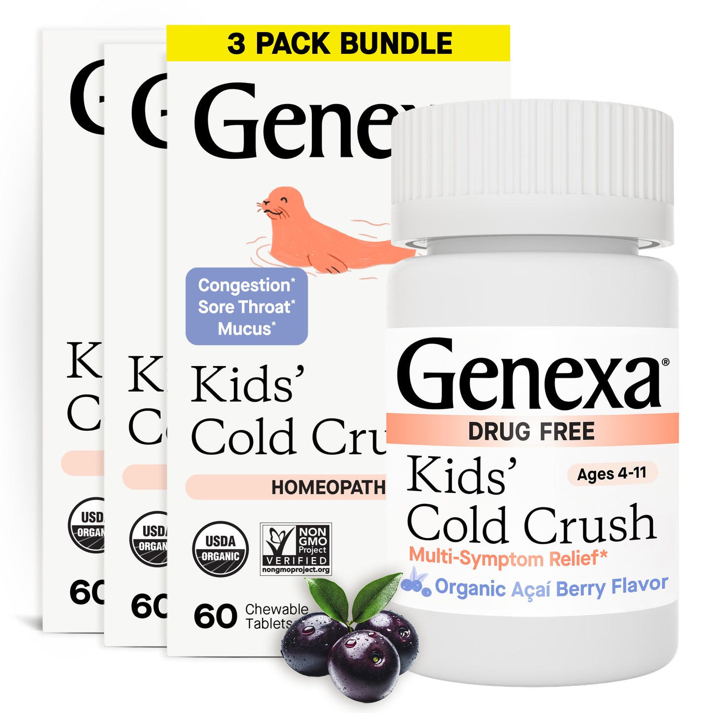 Genexa Kids' Cold Crush homeopathic remedy packaging with a 3-pack bundle label.