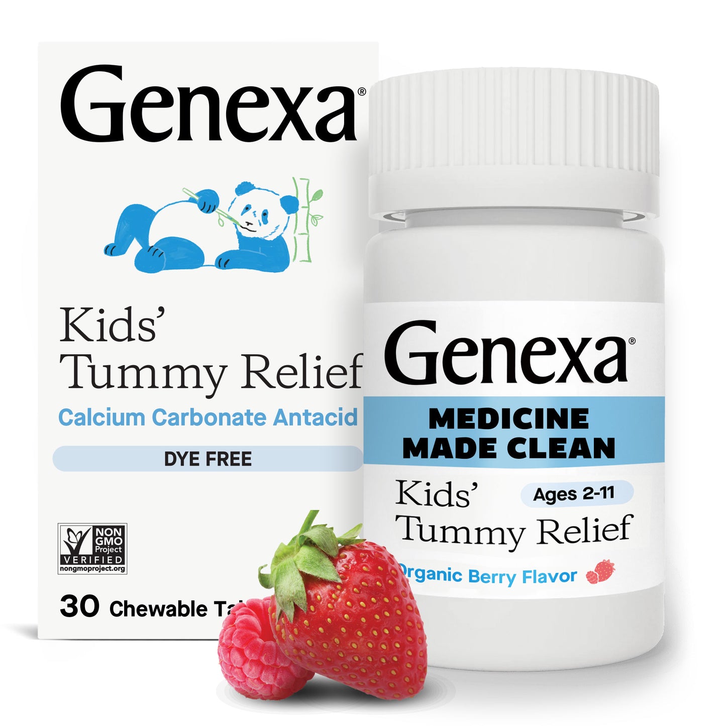 Genexa Kids' Tummy Relief packaging with a strawberry on a white background