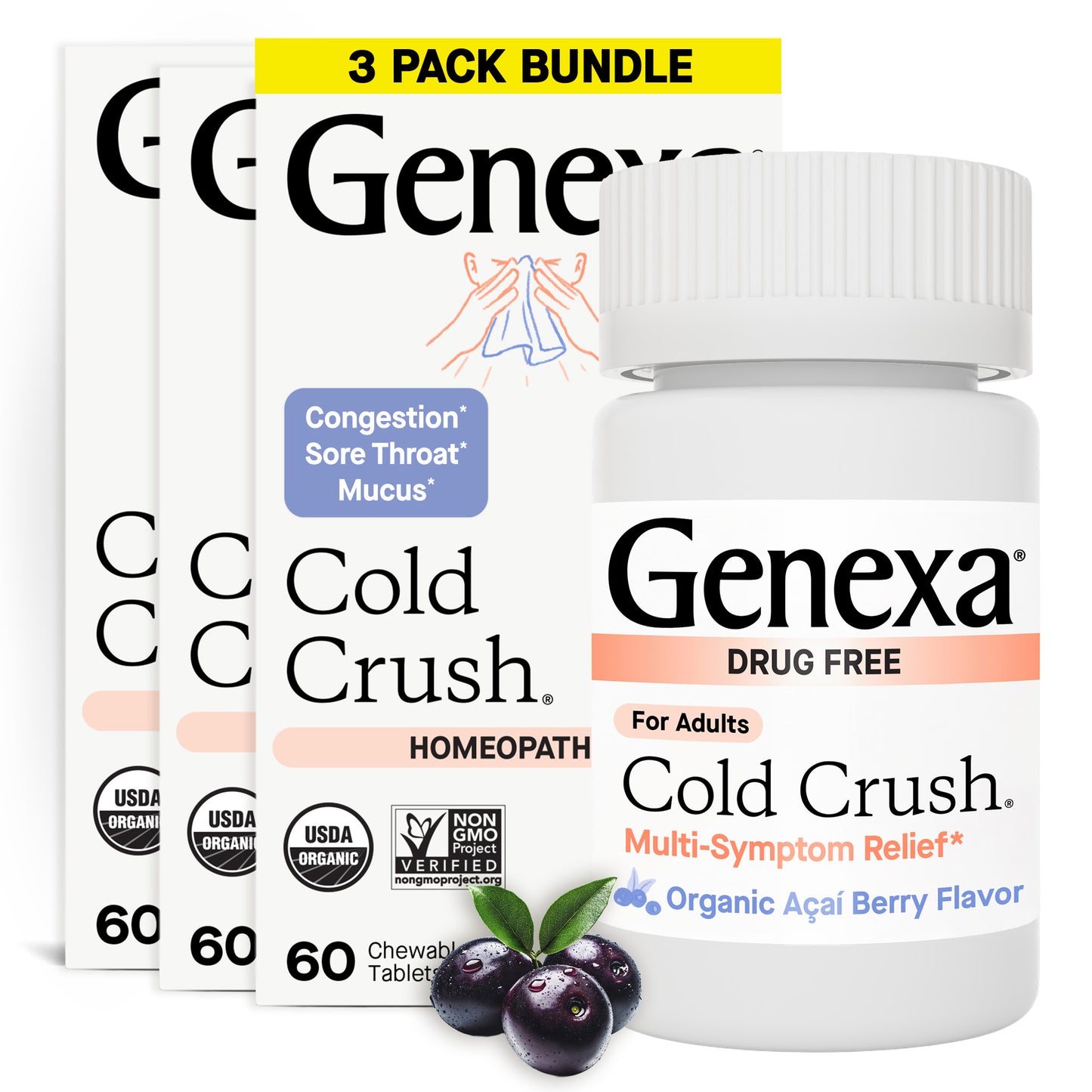 Genexa Cold Crush homeopathic relief product with packaging on a white background