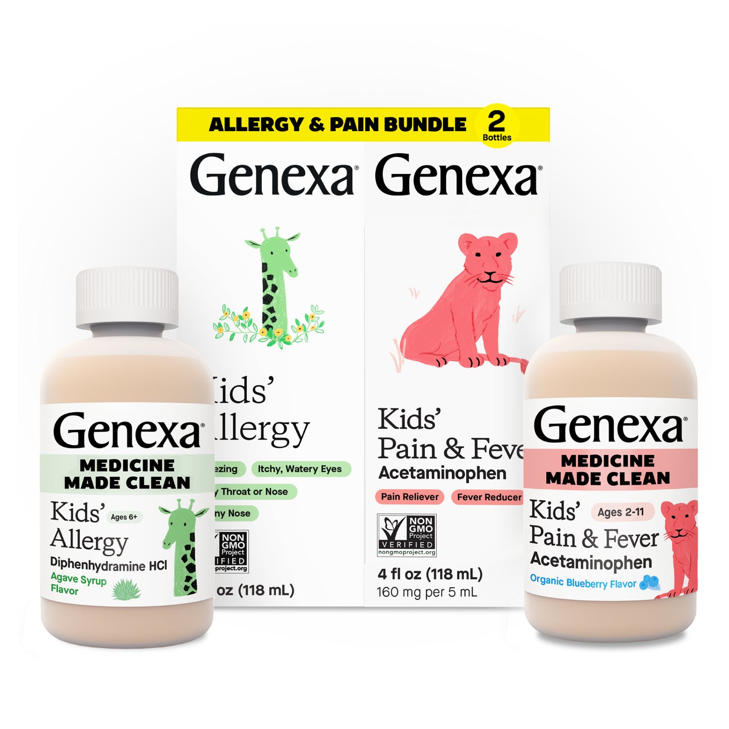 Genexa Kids' Allergy and Pain & Fever medicine bundle with packaging on a white background