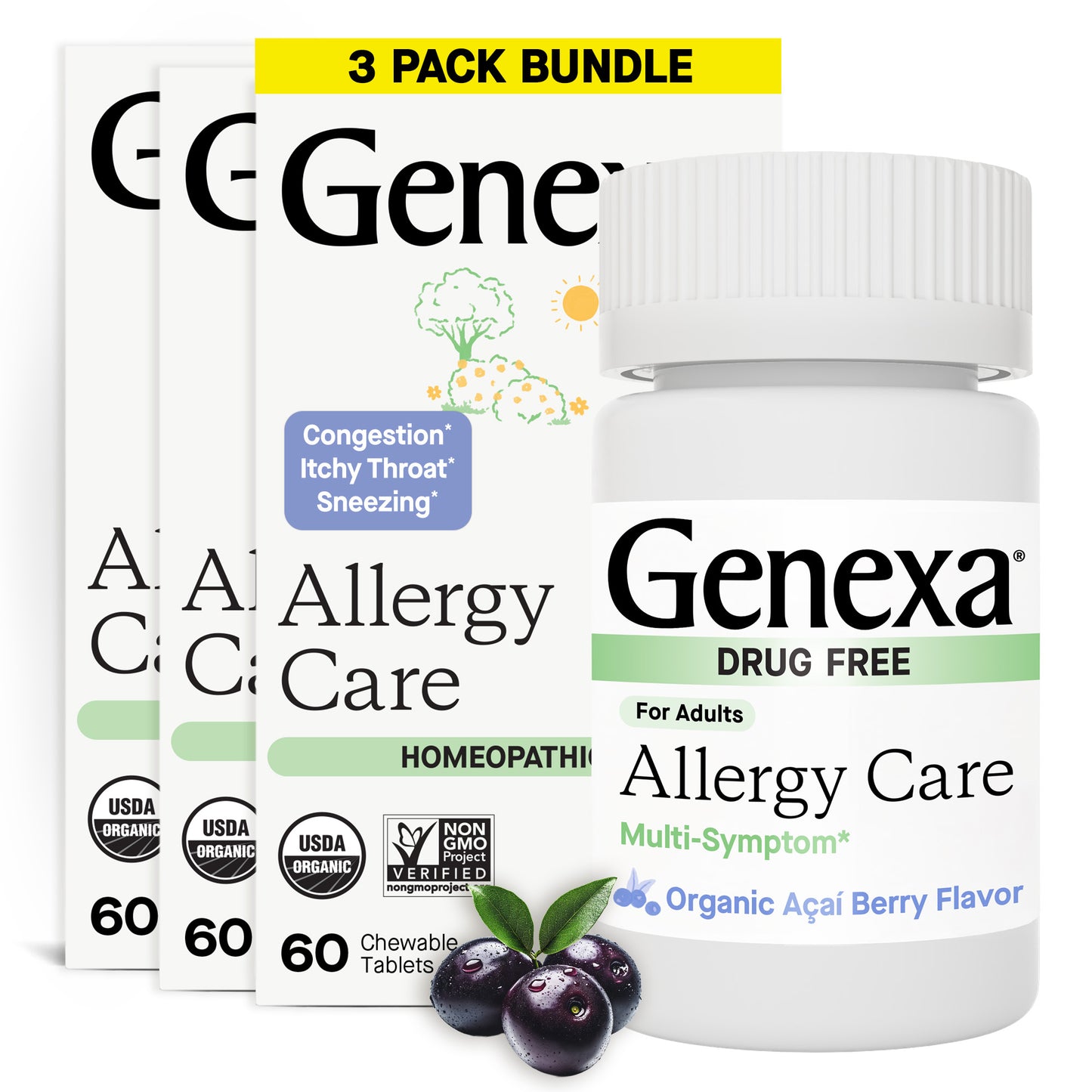 Genexa Allergy Care packaging with a 3-pack bundle on a white background