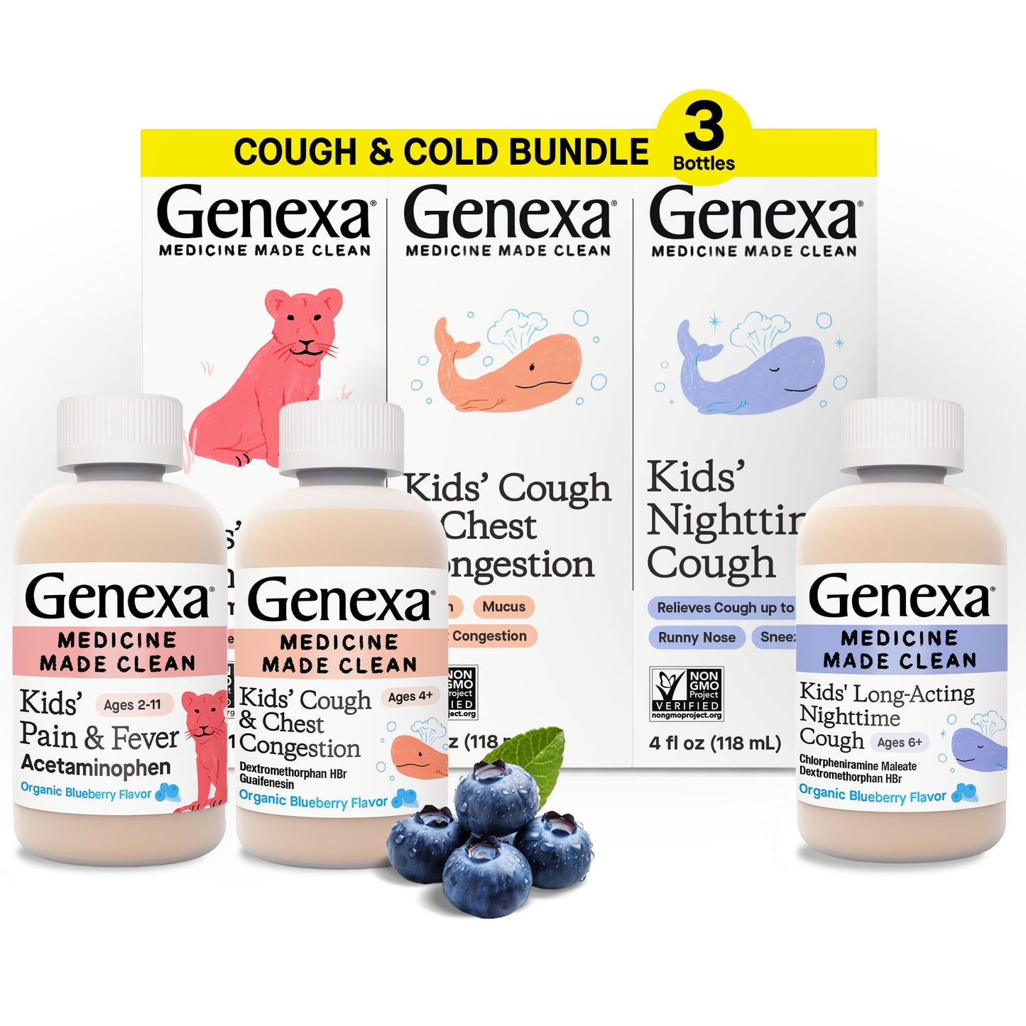 Genexa kids' cough and cold medicine bundle with bottles and packaging on a white background