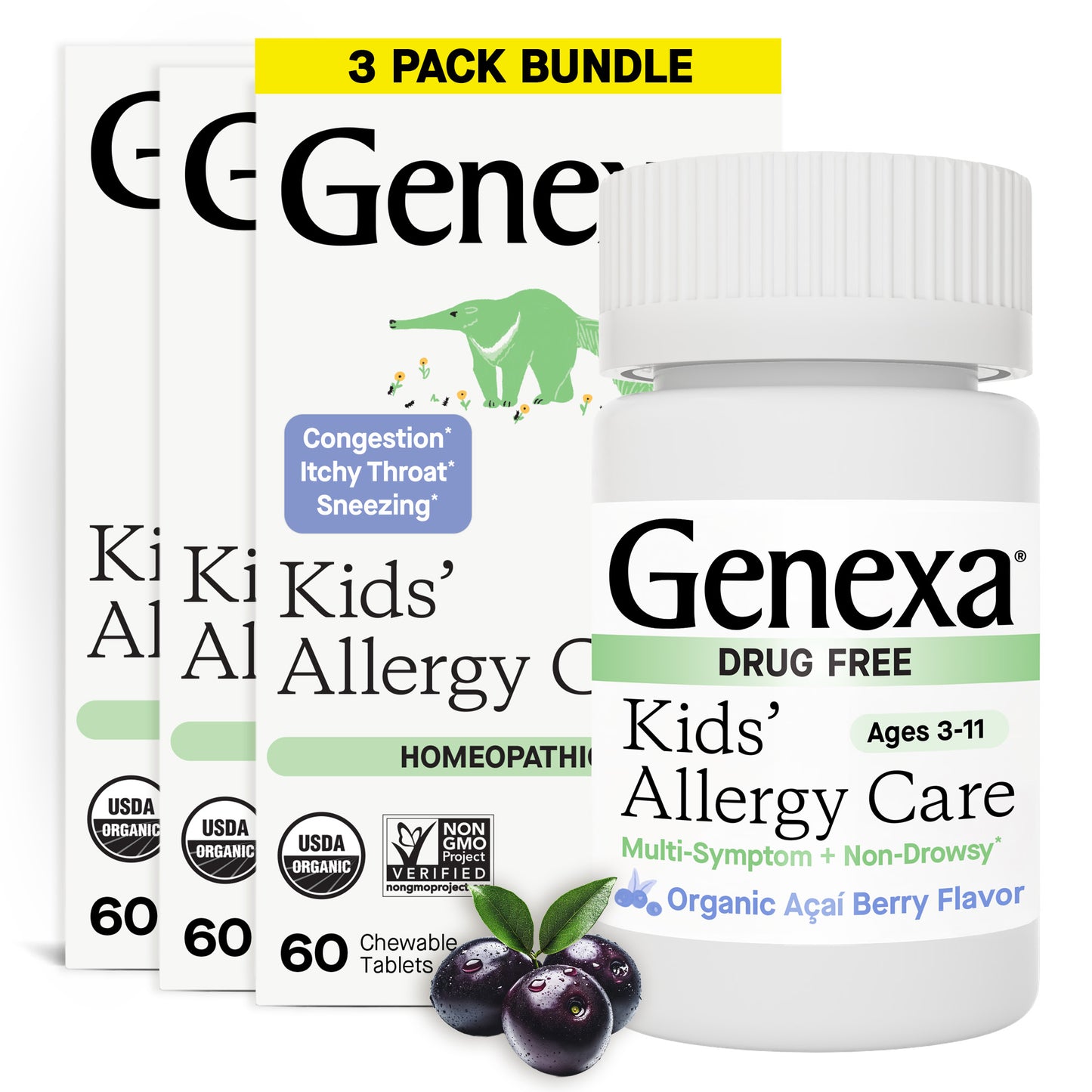 Genexa Kids' Allergy Care packaging with 3-pack bundle on a white background