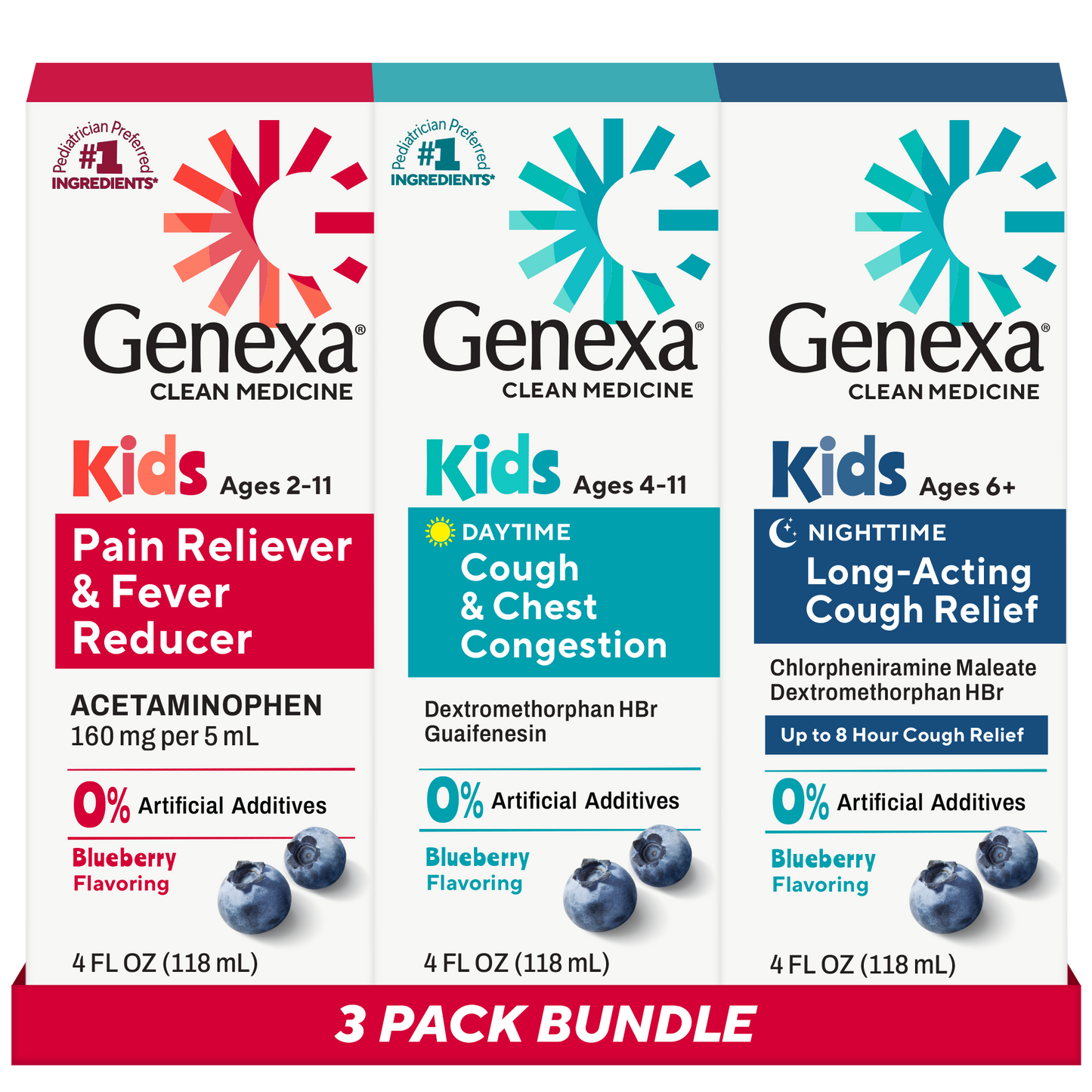 Genexa Clean Medicine packaging for kids with different product types and flavors.