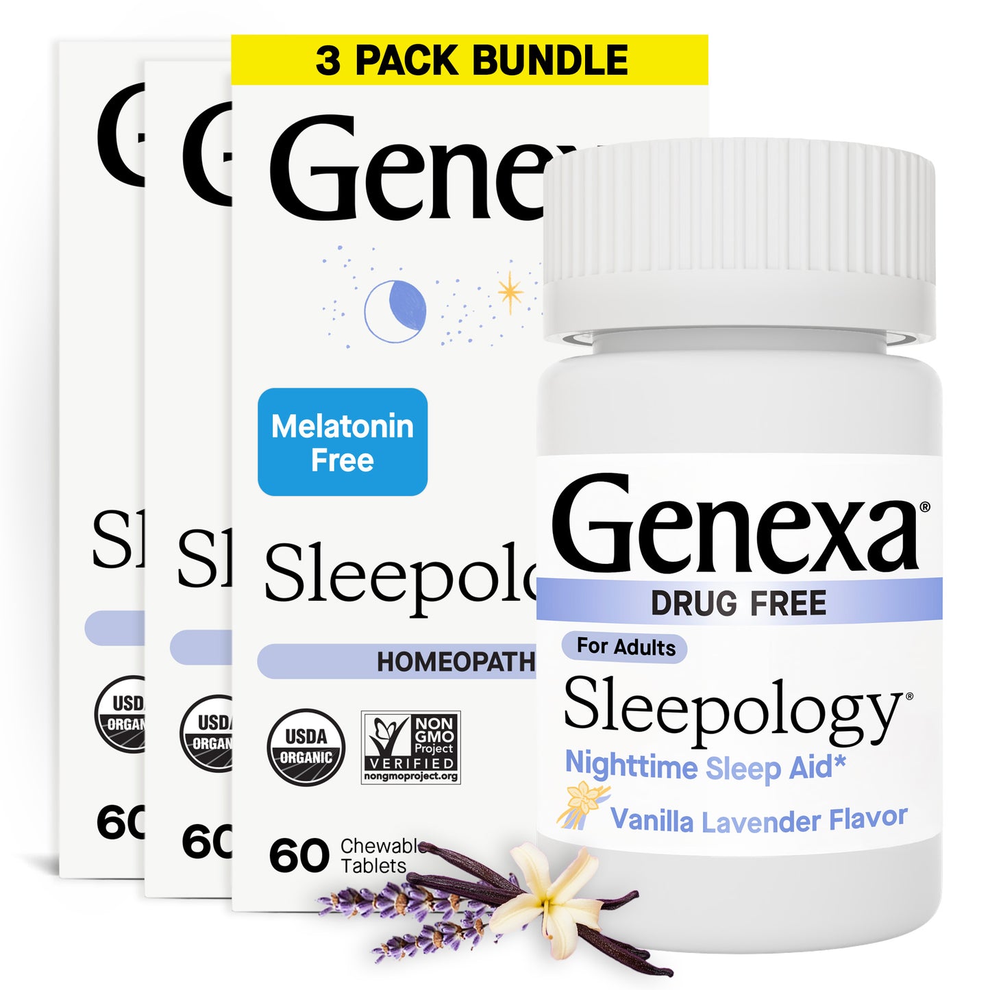 Genexa Sleepology sleep aid packaging with a 3-pack bundle label on a white background.
