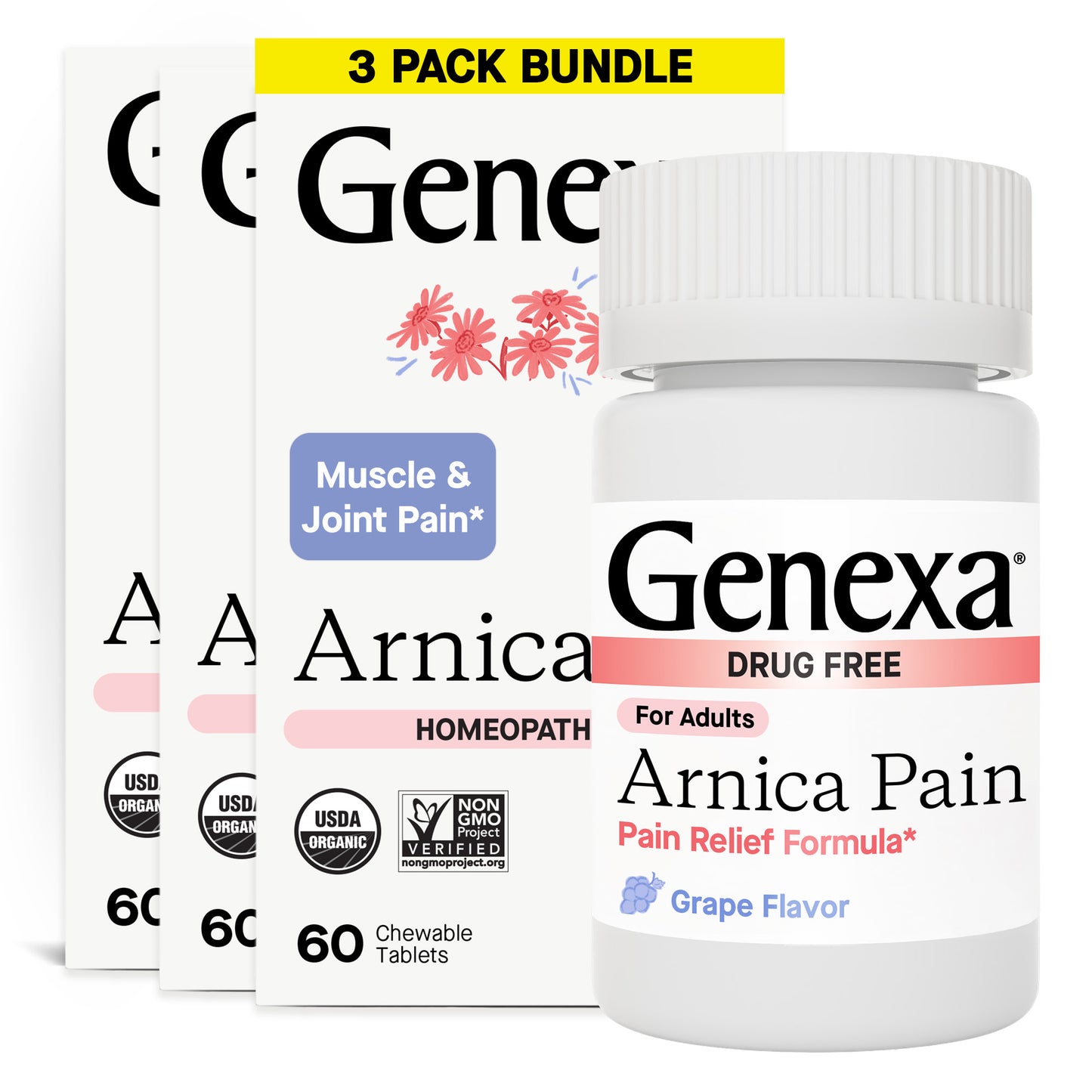 Genexa Arnica Pain Relief Formula packaging with a 3-pack bundle label.