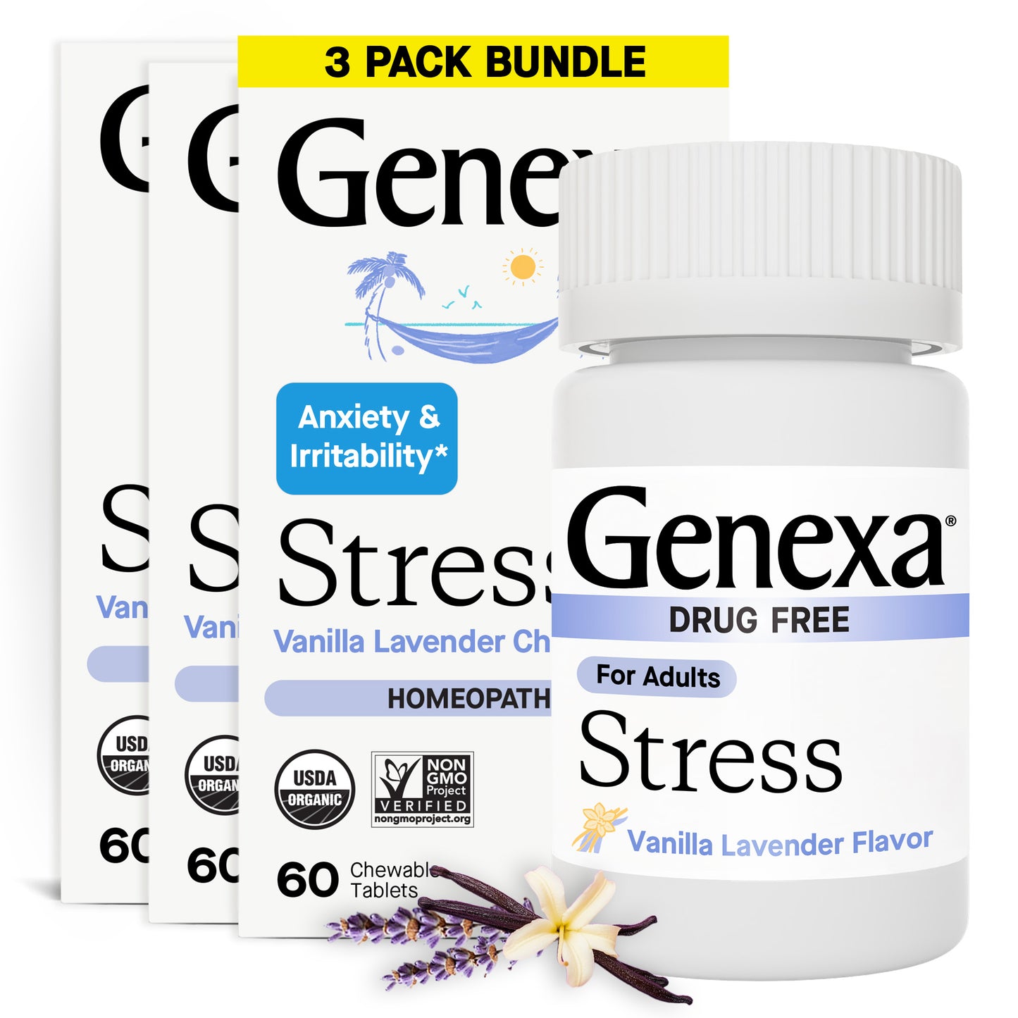 Genexa Stress relief supplement packaging with vanilla lavender flavor on a white background