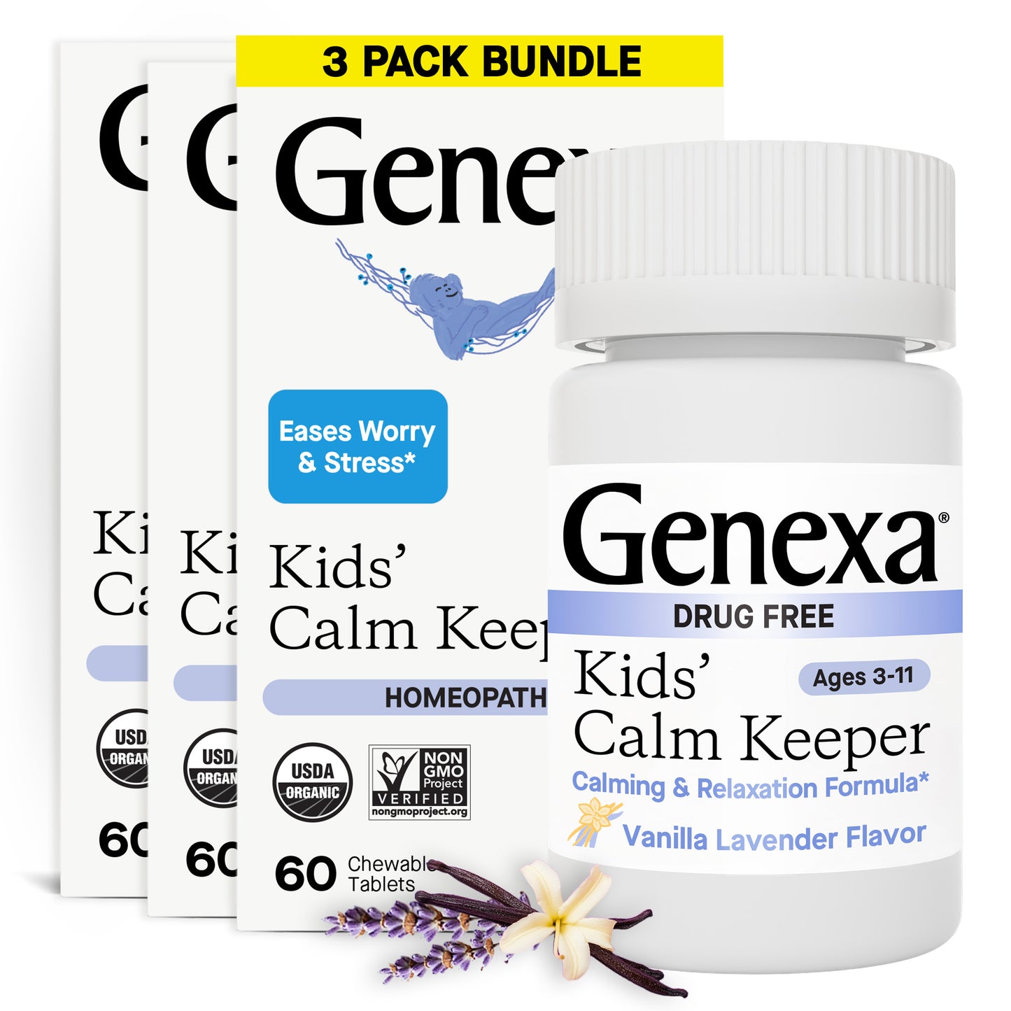 Genexa Kids' Calm Keeper homeopathic supplement bottle with packaging on a white background