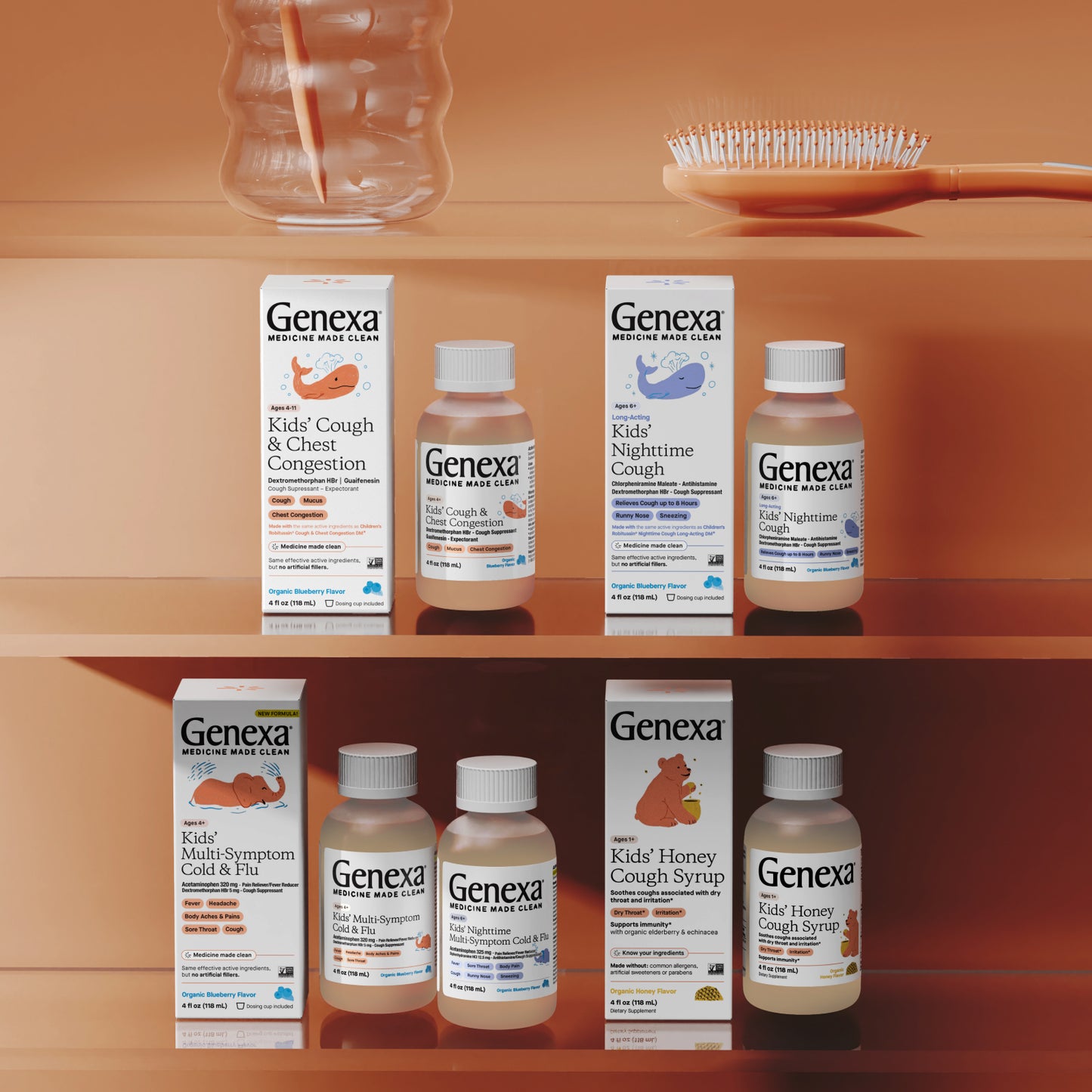 Genexa children's medicine products on a wooden shelf with a brush and glass bottle.