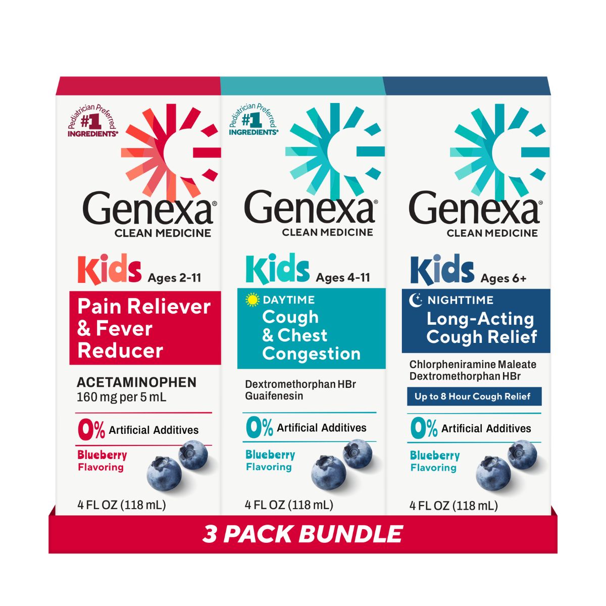 Genexa Kids' medicine packaging with three different products on a white background