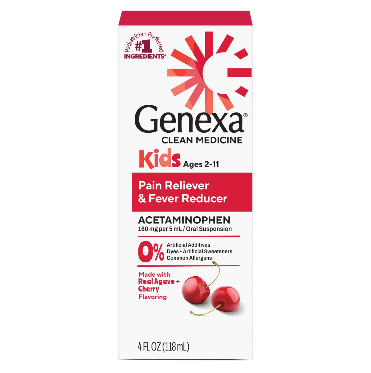 Genexa Kids Pain Reliever & Fever Reducer packaging with cherry illustration on a white background