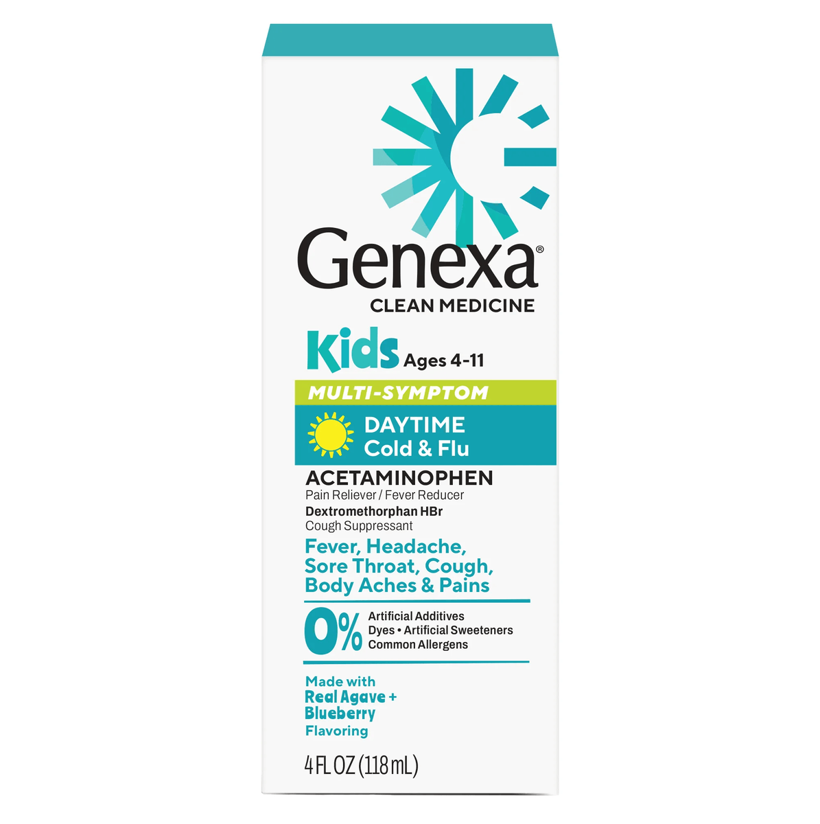 Genexa Kids multi-symptom medicine packaging on a white background