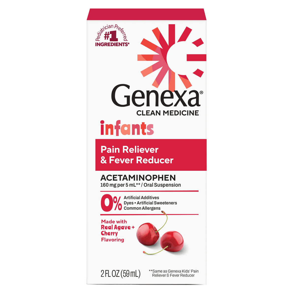 Genexa Infants Pain Reliever and Fever Reducer packaging with cherry flavor indication.