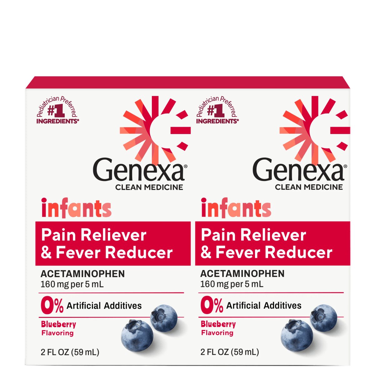 Genexa infants pain reliever and fever reducer packaging with blueberries on a white background