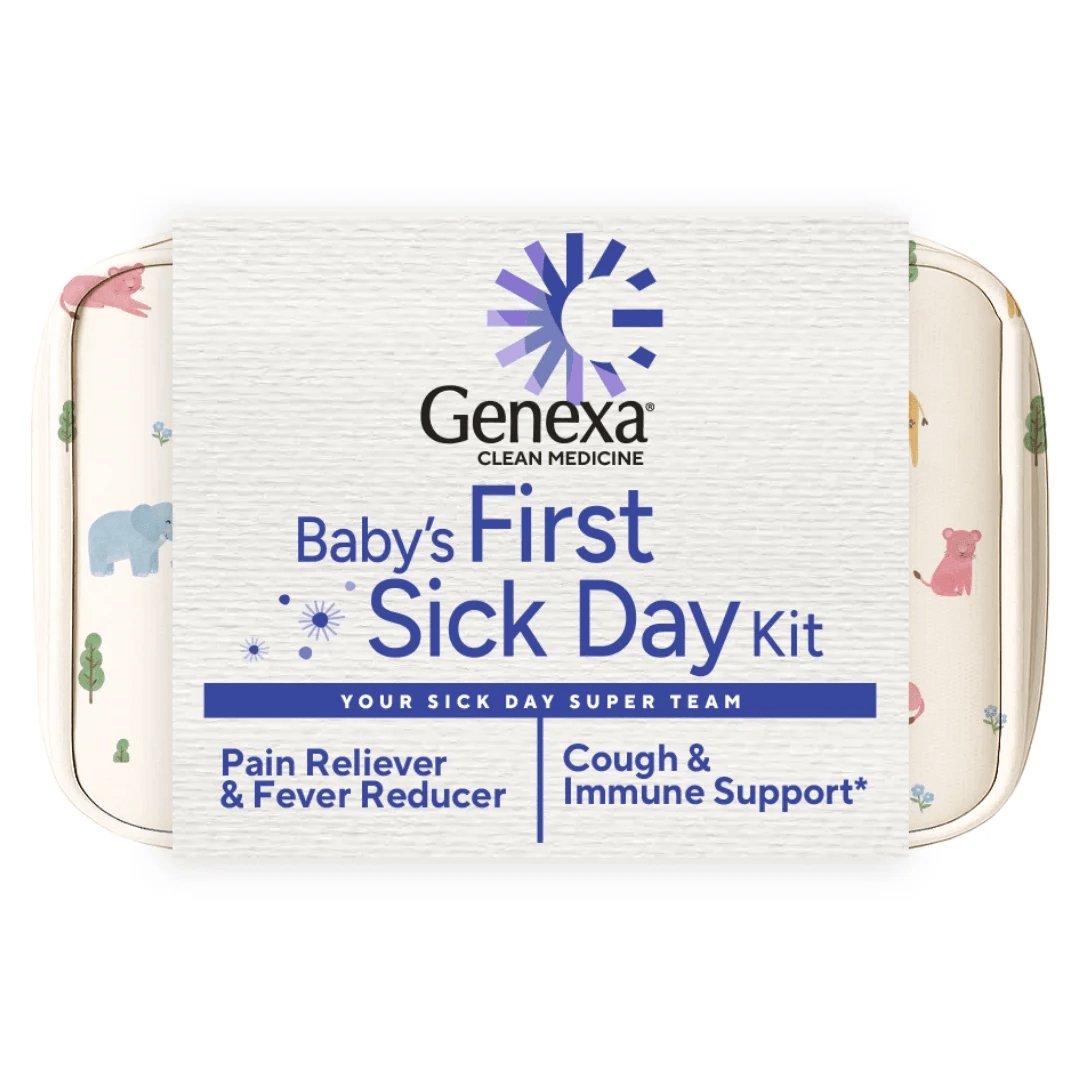Genexa Baby's First Sick Day kit bag with pain reliever and cough support products