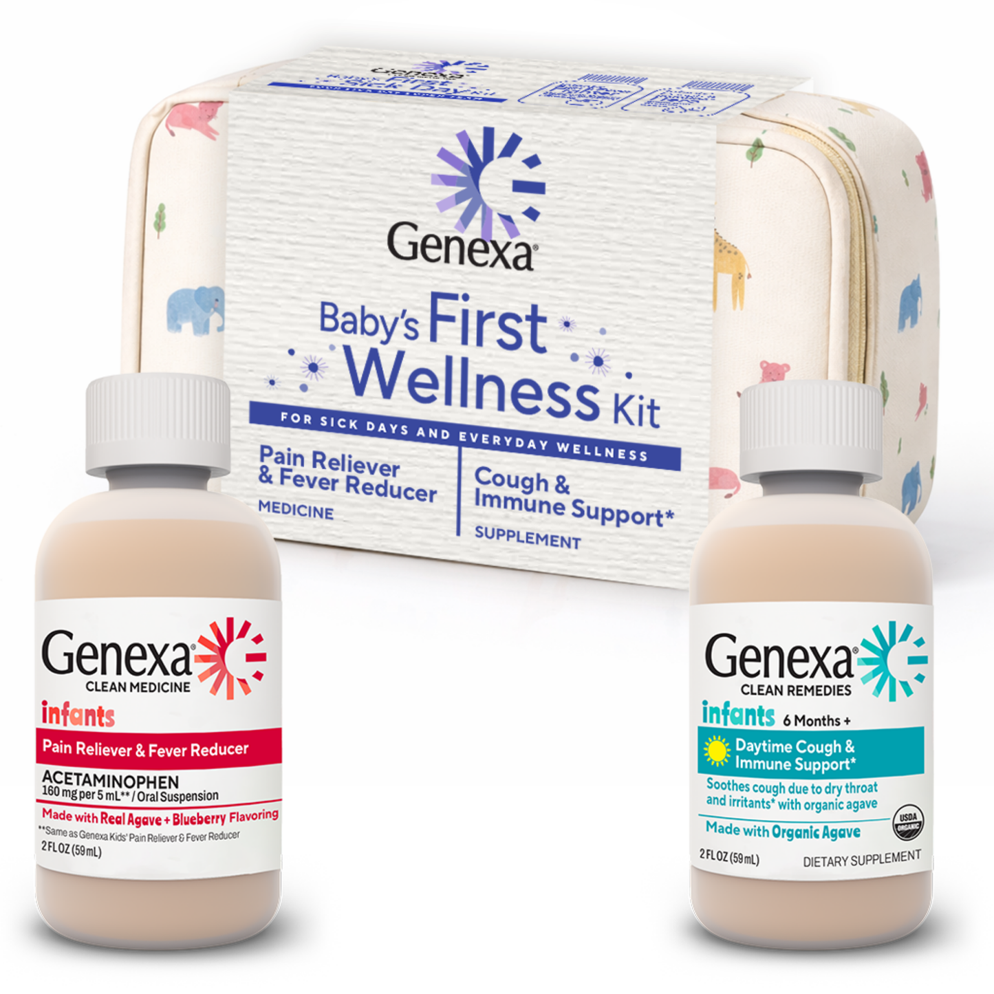 Genexa Baby's First Wellness Kit featuring two bottles (medicine and supplement) and a matching zippered carrying case, shown on a clean white background.