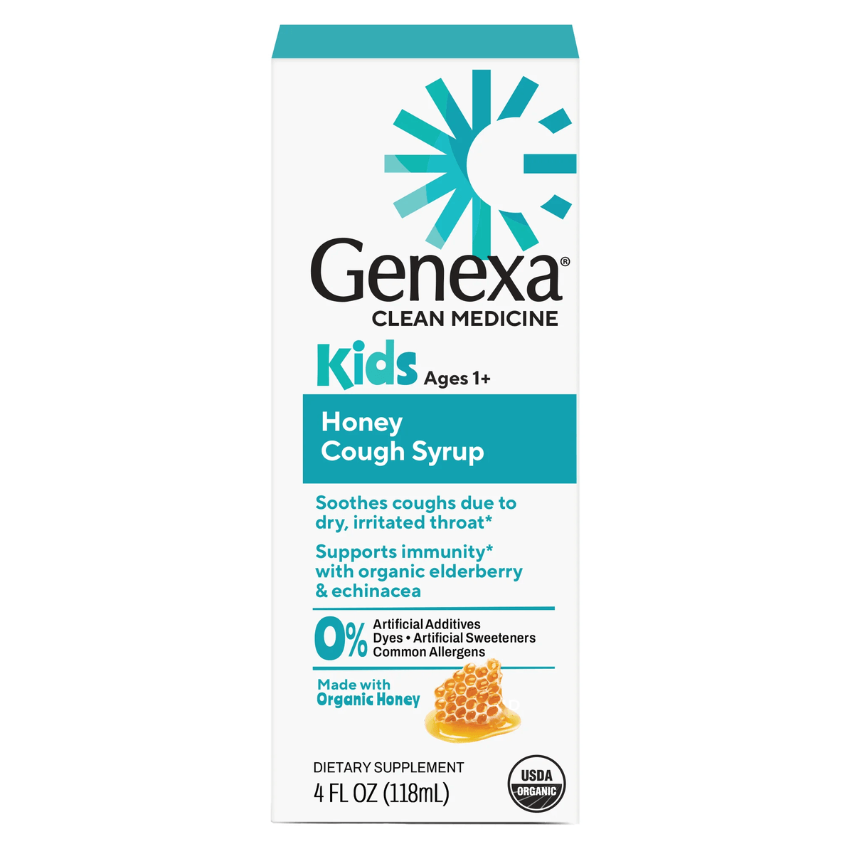 Box of Genexa Kids Honey Cough Syrup on a white background