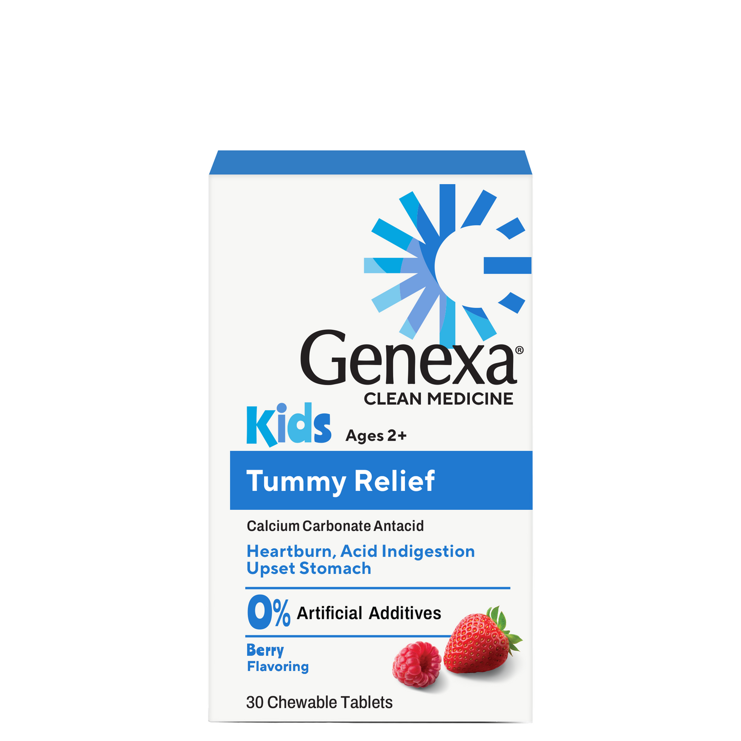 Genexa Clean Medicine Kids Tummy Relief box, berry flavor, 30 chewable tablets. The white box features blue accents, the Genexa logo, and illustrations of a raspberry and a strawberry.