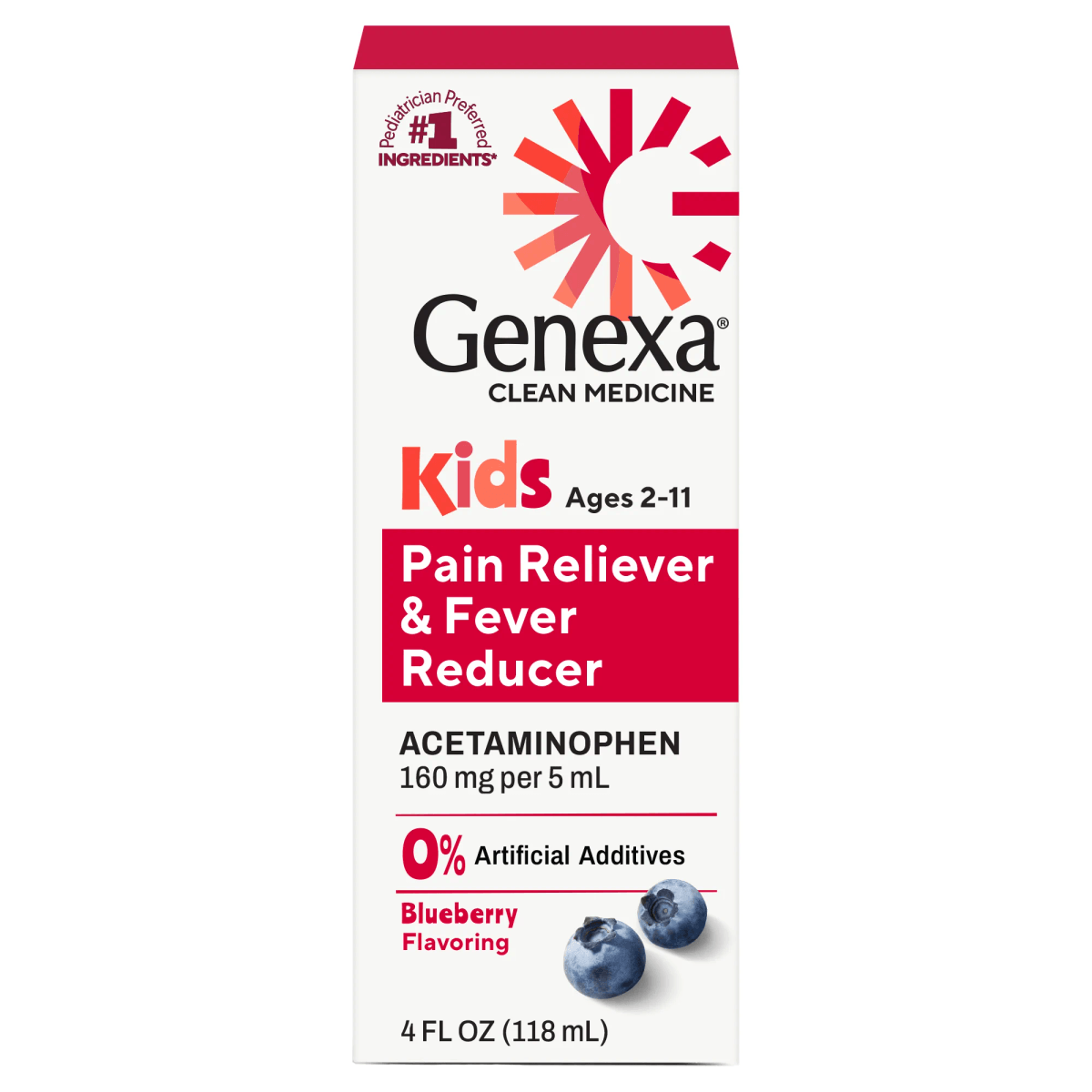 Genexa Kids Pain Reliever & Fever Reducer packaging with blueberries on a white background