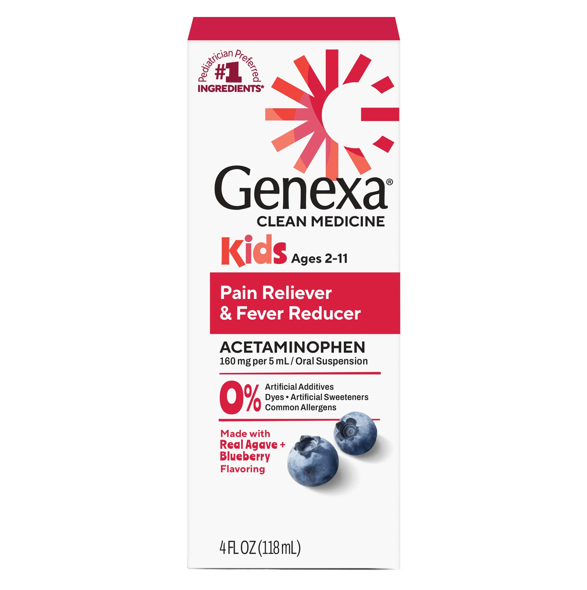 Genexa Kids Pain Reliever & Fever Reducer packaging with blueberries on a white background