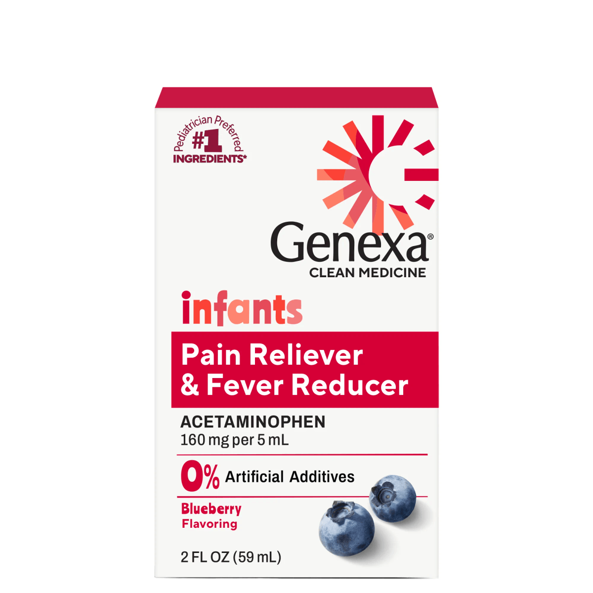 Genexa Infants Pain Reliever & Fever Reducer packaging with blueberries on a white background