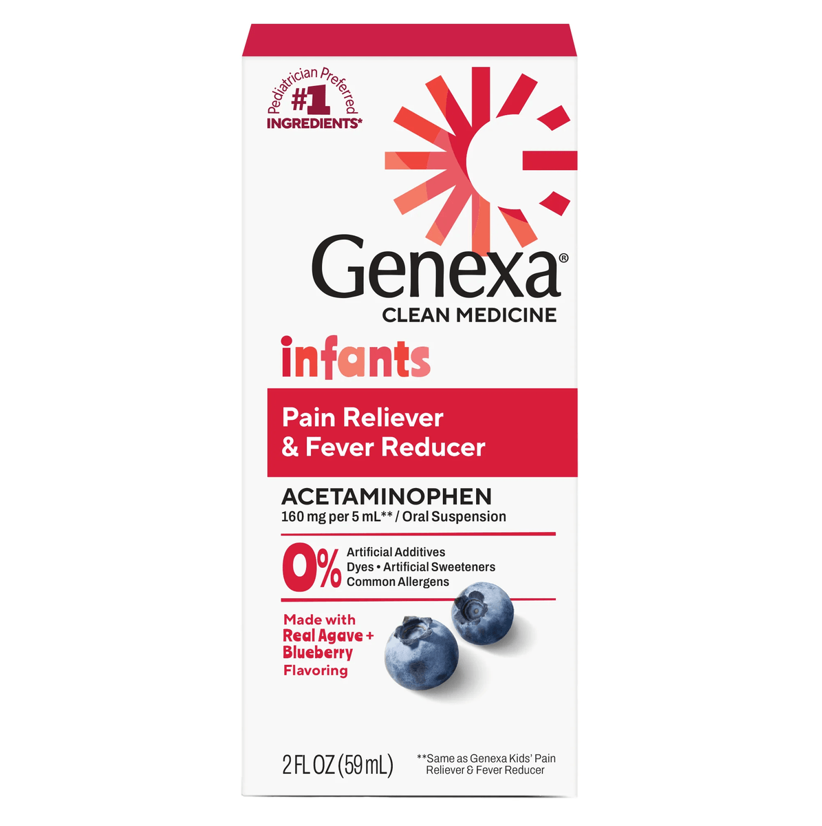 Genexa Infants Pain Reliever and Fever Reducer packaging with blueberries on a white background